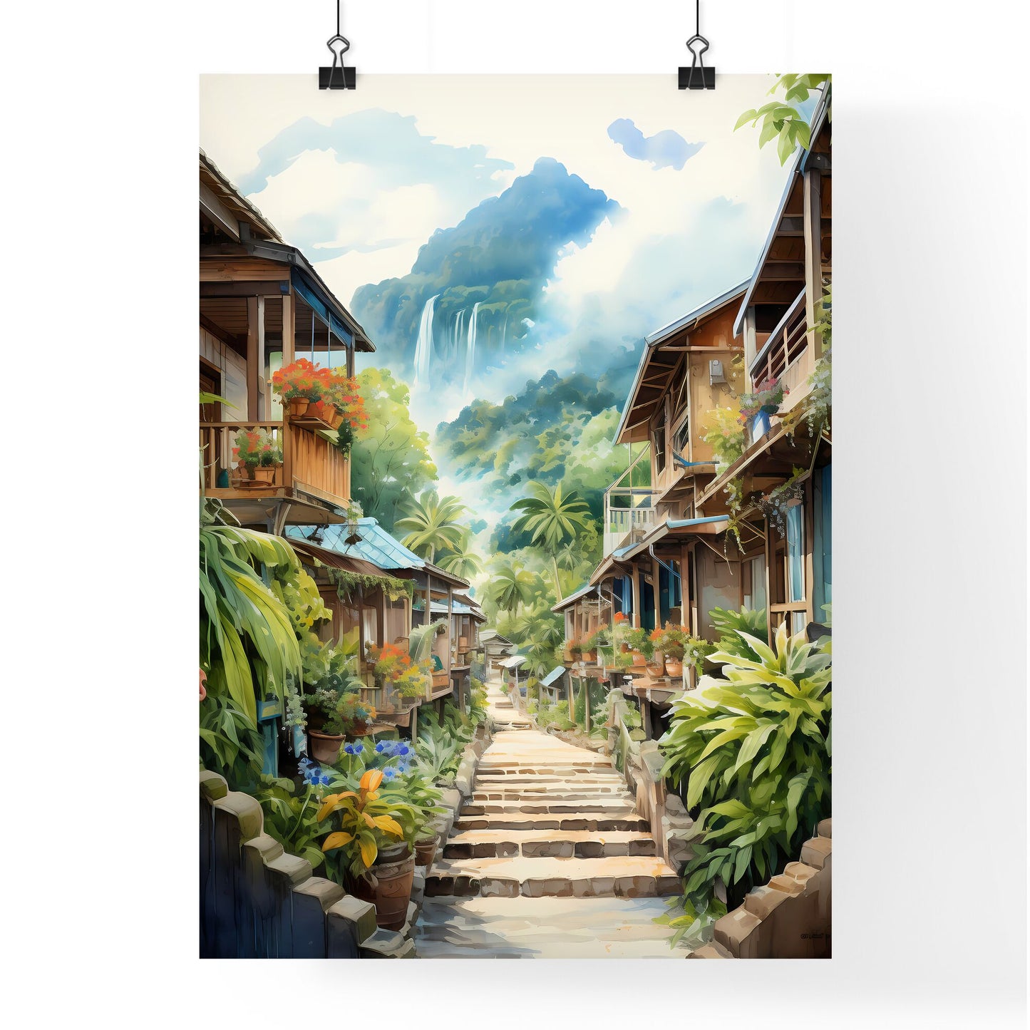Malaysia Village In Watercolor Painting - A Street With Buildings And Plants Default Title