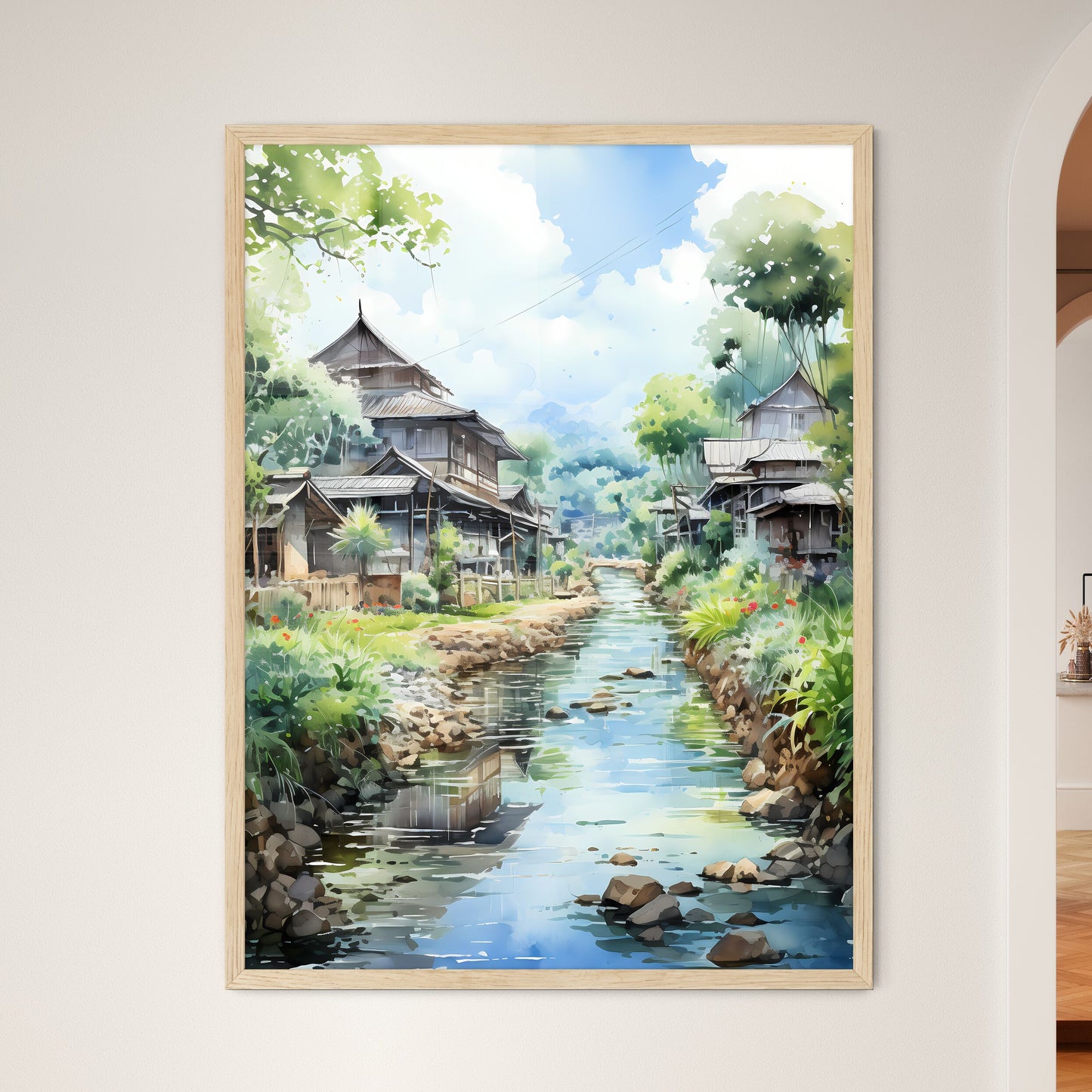 Malaysia Village In Watercolor Painting - A Watercolor Of A River With Houses And Trees Framed Art