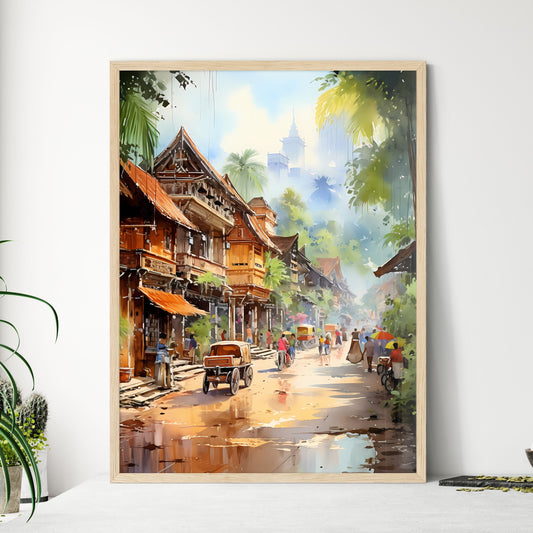 Malaysia Village In Watercolor Painting - A Street With Buildings And People Framed Art