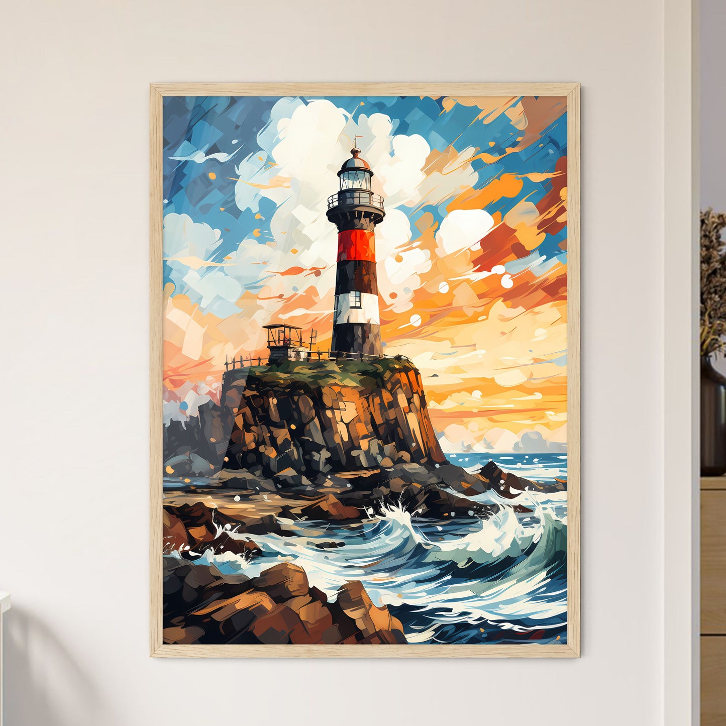 Painting Of Lighthouse Amount The Sea - A Lighthouse On A Rocky Island Framed Art