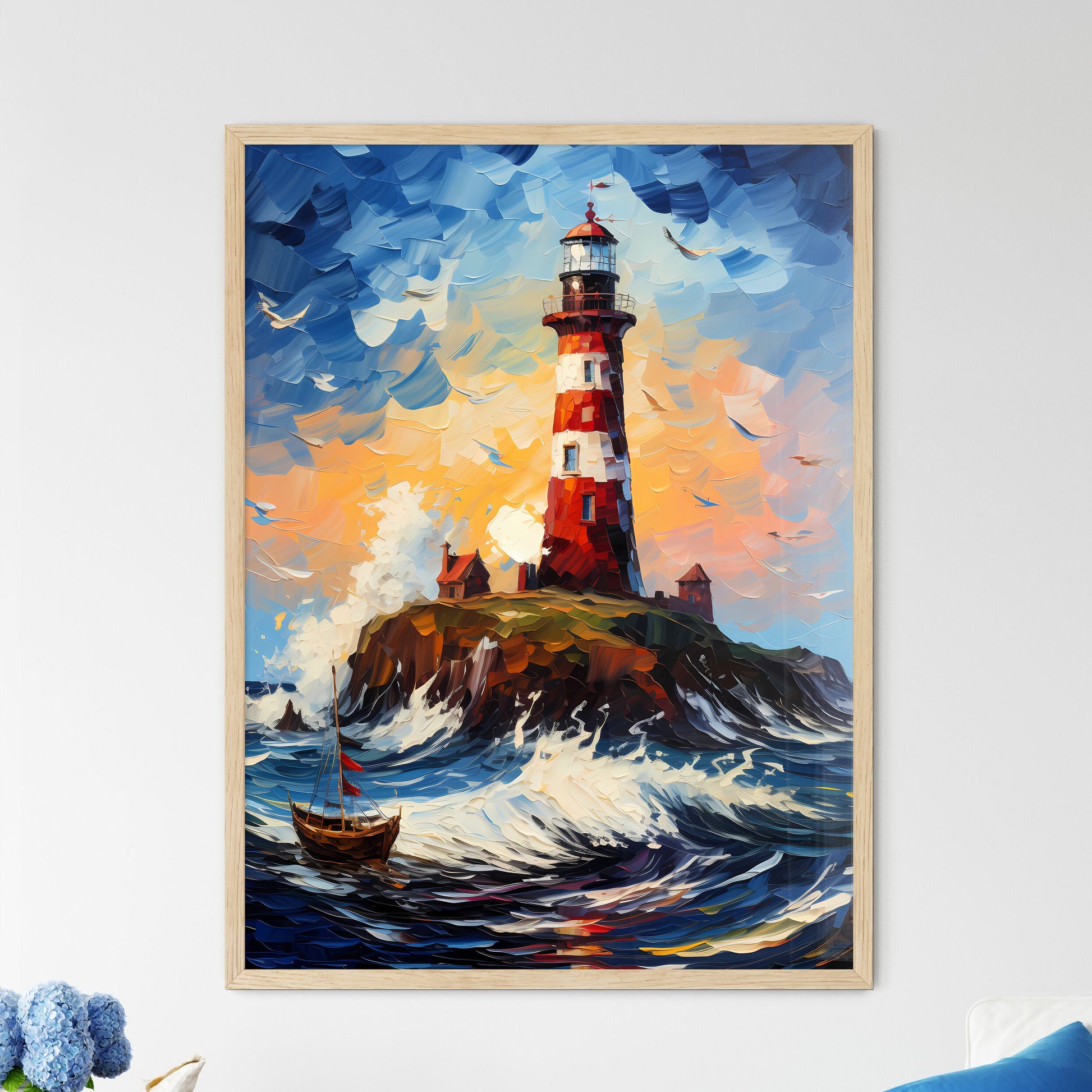 Painting Of Lighthouse Amount The Sea - A Painting Of A Lighthouse On An Island With A Boat In The Ocean Framed Art