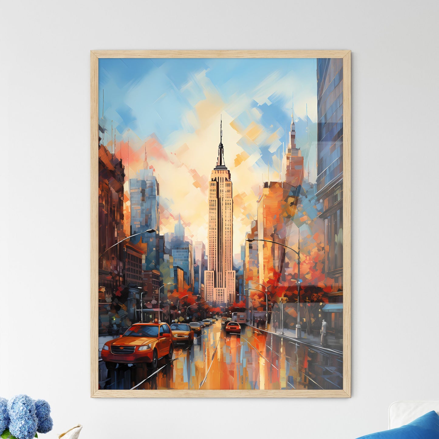 Panorama Of Manhattan New York Usa - A City Street With Cars And Buildings Framed Art