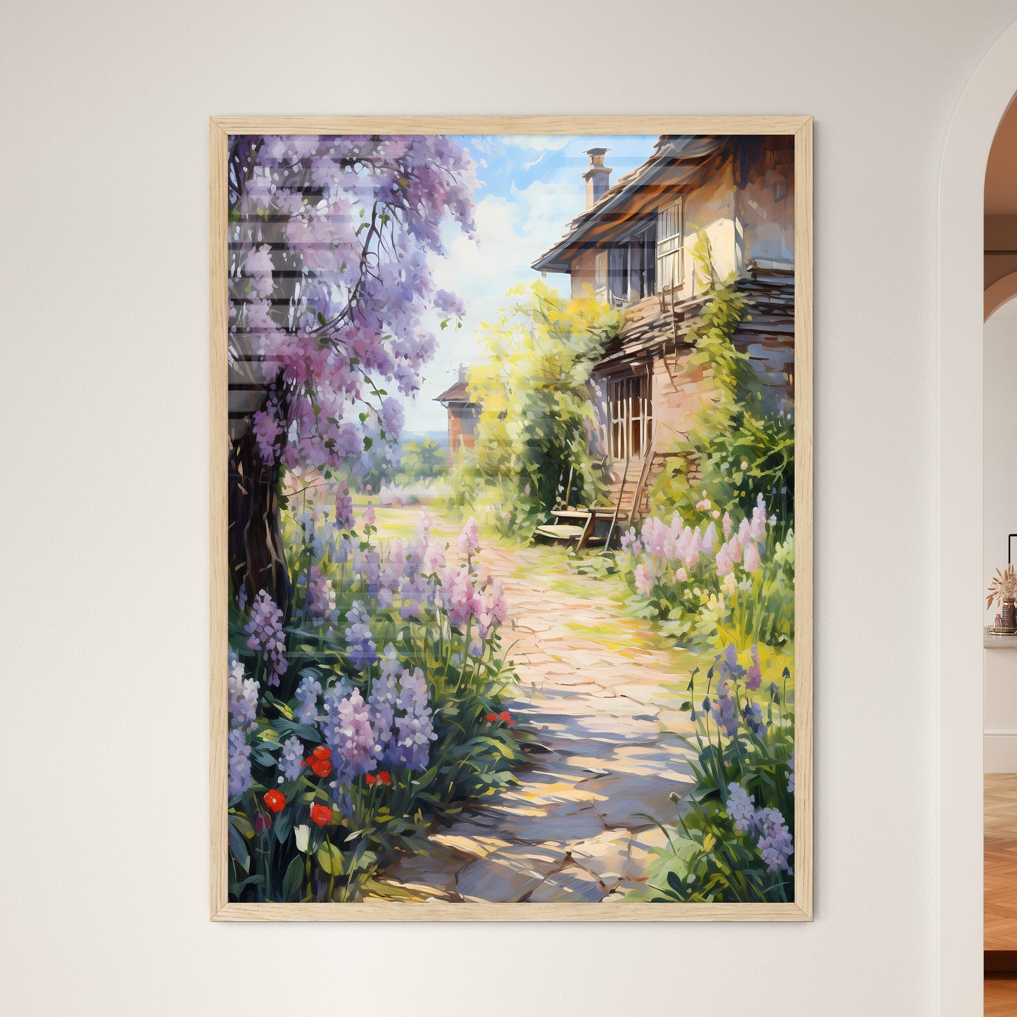 Peaceful Garden With A Freshly Mown Grass Lawn - A Path Between Flowers And A Building Framed Art