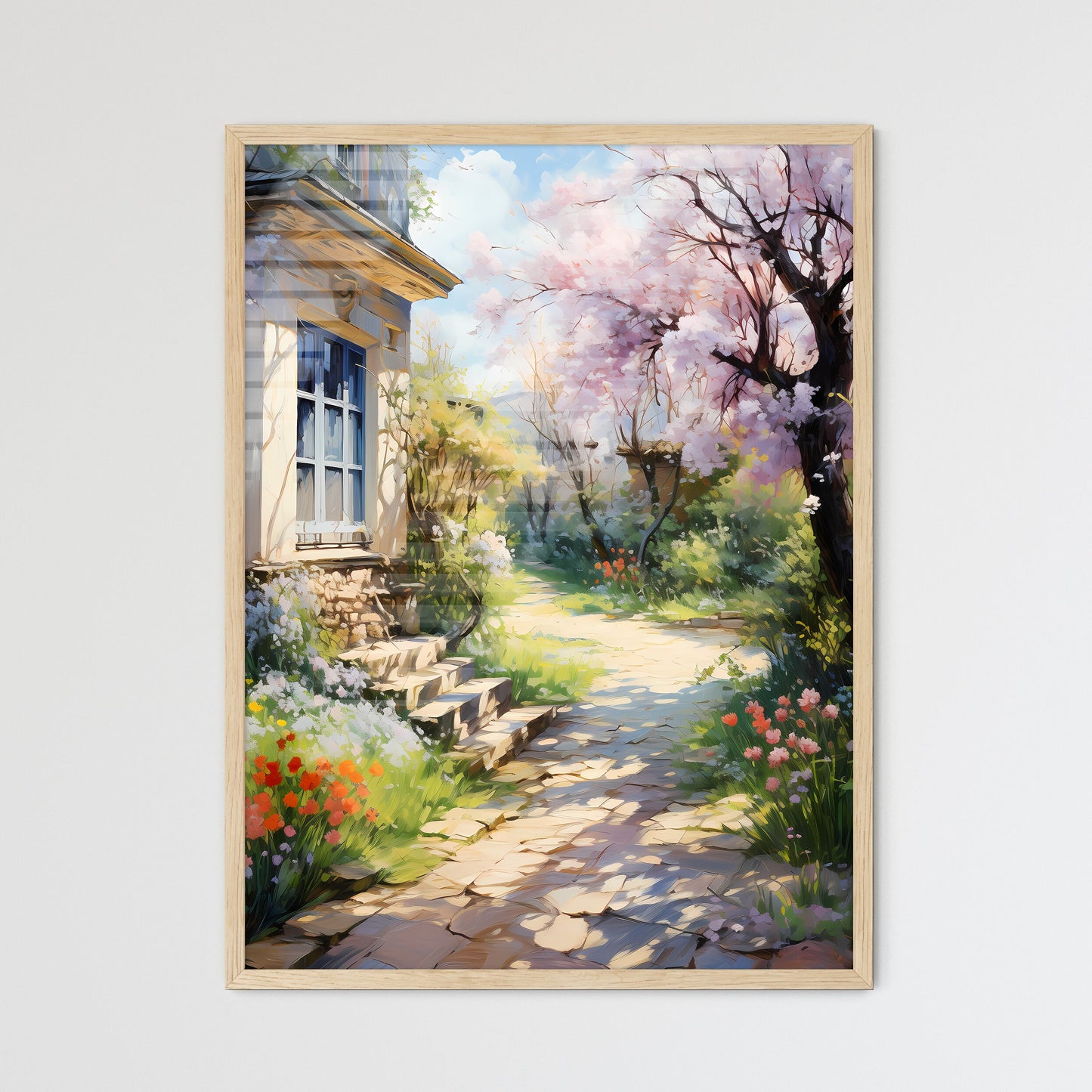 Peaceful Garden With A Freshly Mown Grass Lawn - A House With A Stone Path And Flowers Framed Art