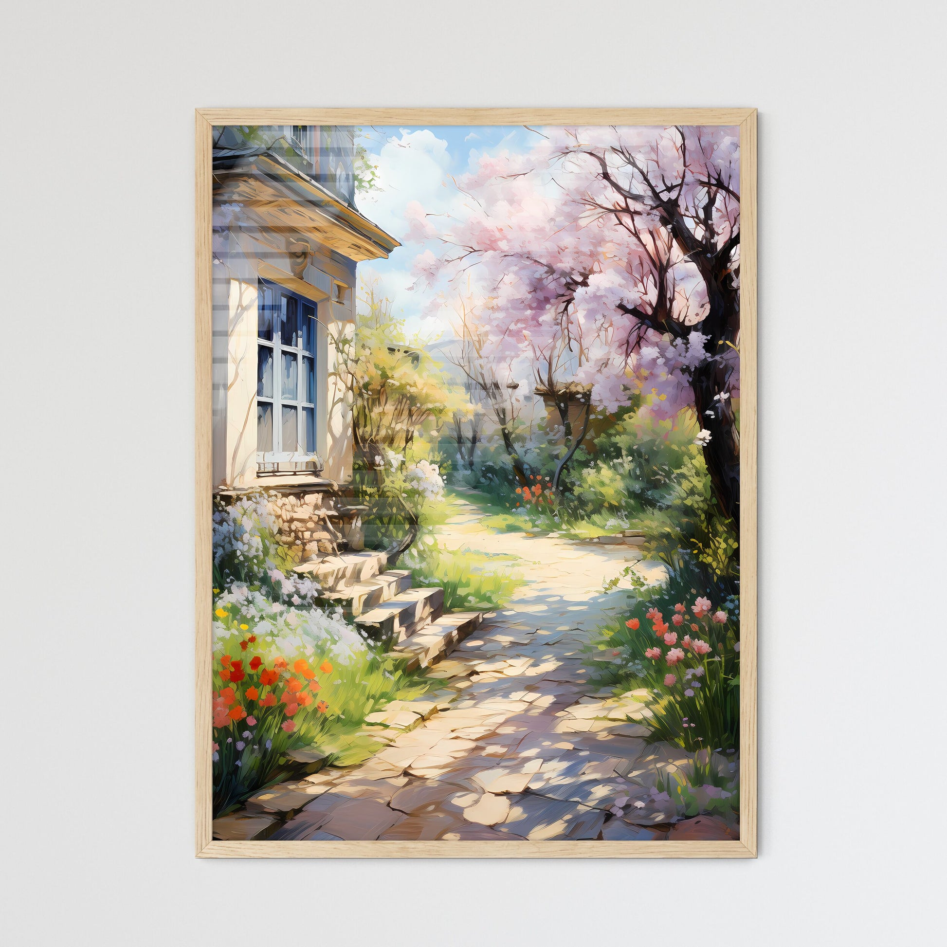 Peaceful Garden With A Freshly Mown Grass Lawn - A House With A Stone Path And Flowers Framed Art