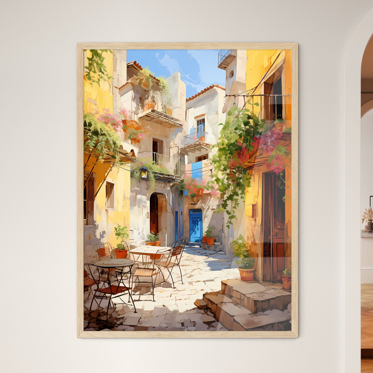 Pictorial Scene Of Courtyard In Old Town Of Croatia - A Courtyard With Tables And Chairs Framed Art