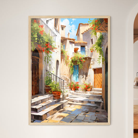 Pictorial Scene Of Courtyard In Old Town Of Croatia - A Courtyard With Stairs And Stairs Leading To A Stone Building With Flowers Framed Art