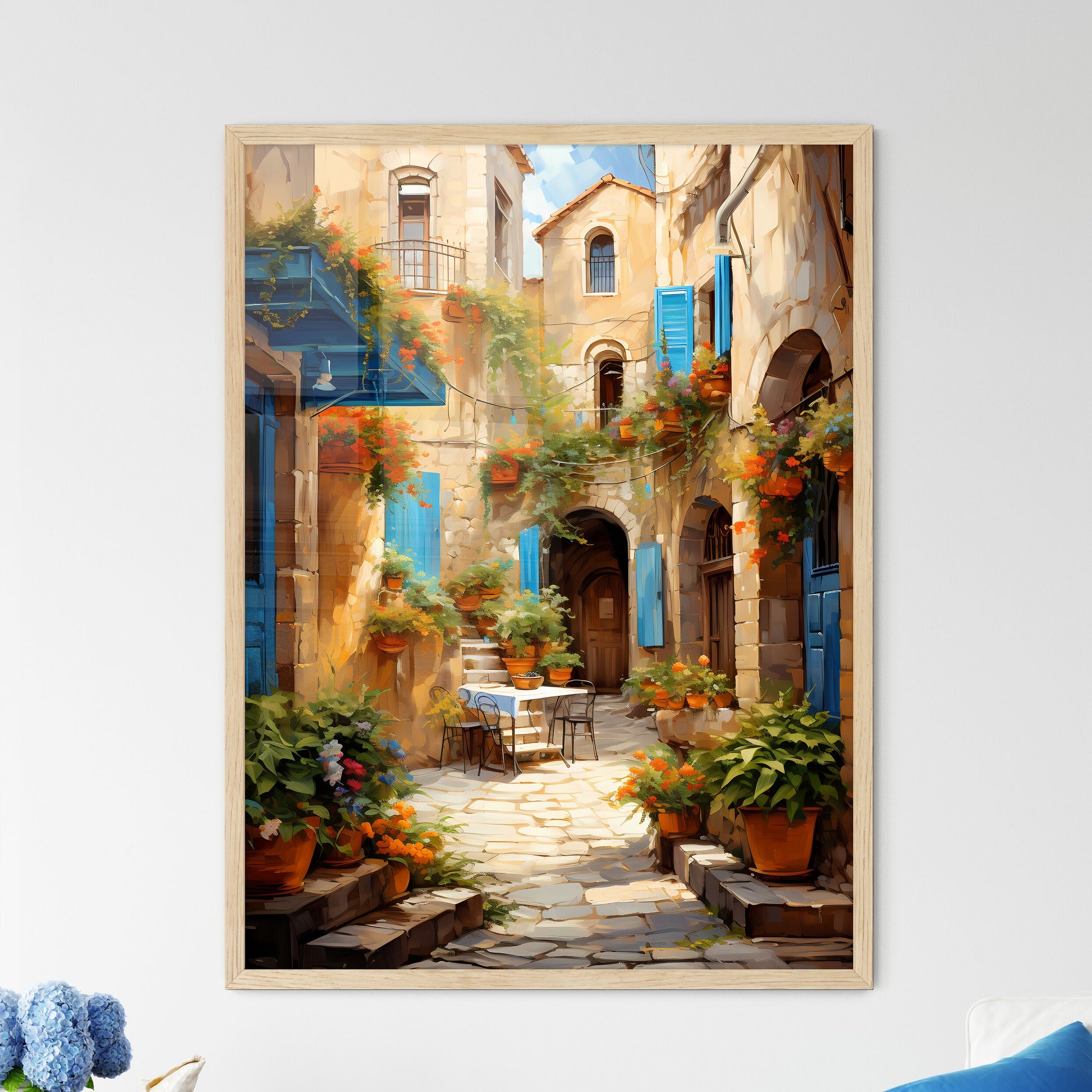 Pictorial Scene Of Courtyard In Old Town Of Croatia - A Courtyard With Plants And A Table Framed Art