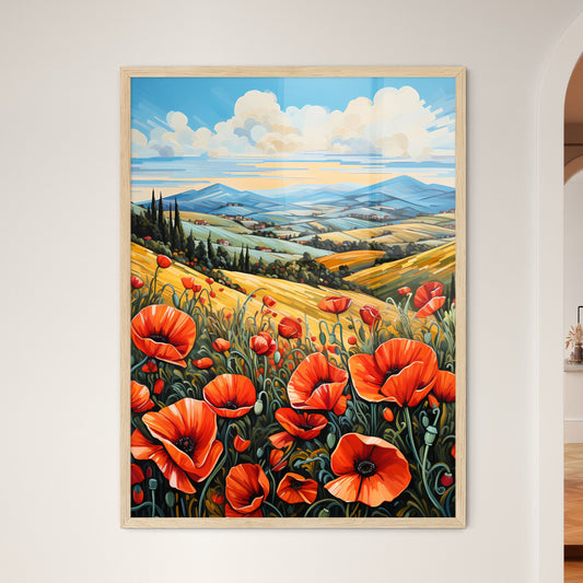 Red Poppies In Front Of Landscape View - A P - Framed Art Print
