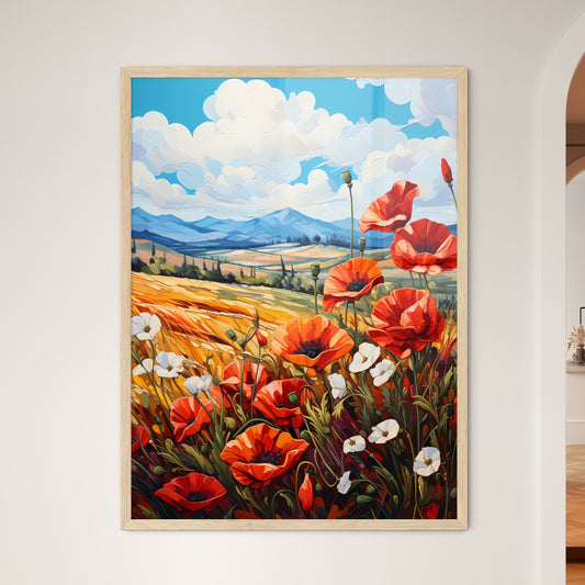 Red Poppies In Front Of Landscape View - A P - Framed Art Print