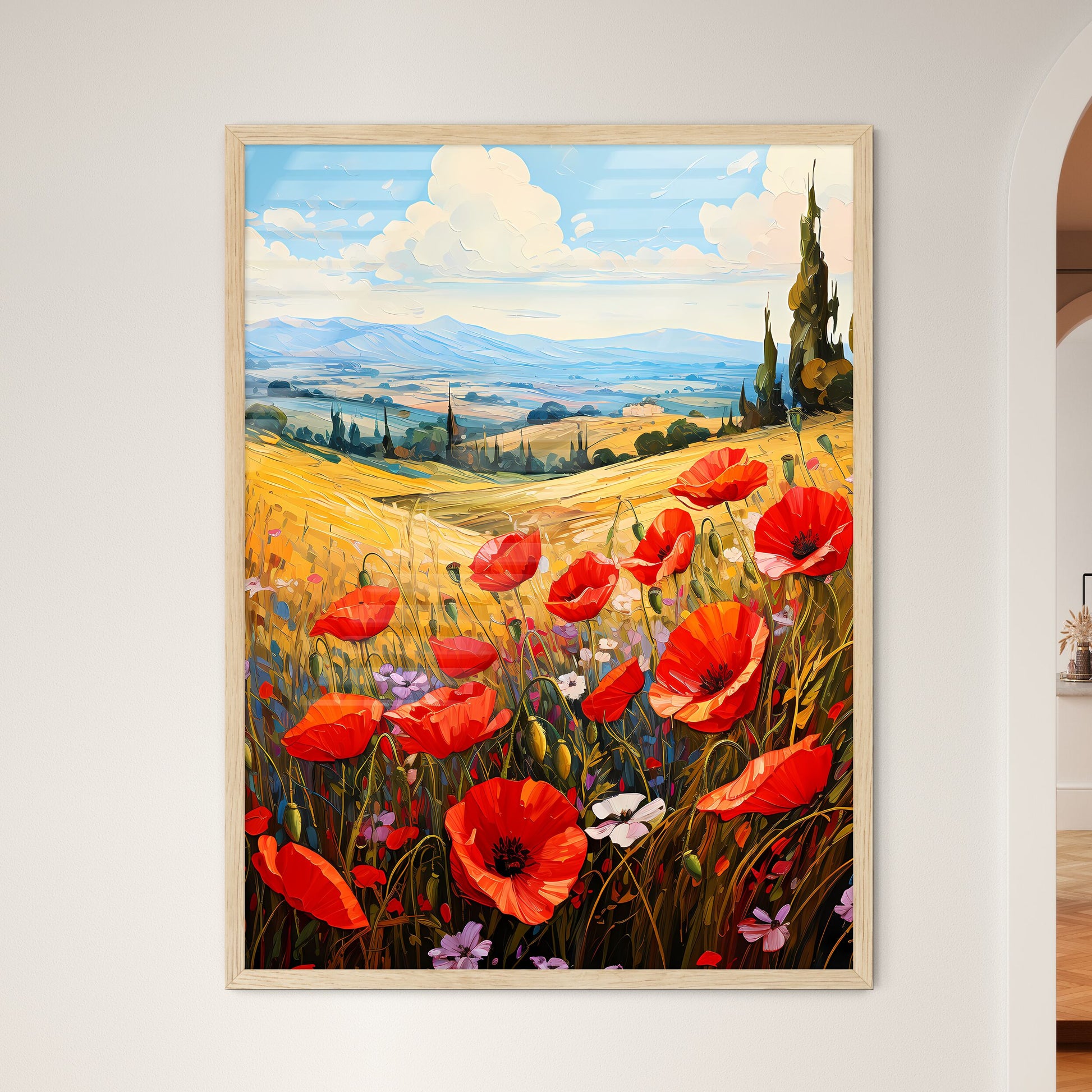 Red Poppies In Front Of Landscape View - A P - Framed Art Print