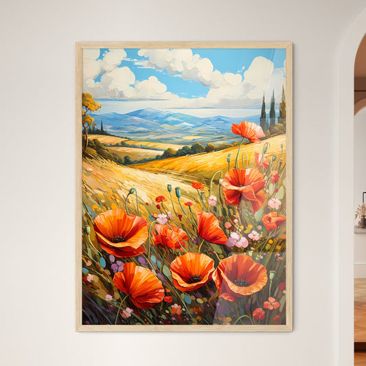 Red Poppies In Front Of Landscape View - A P - Framed Art Print