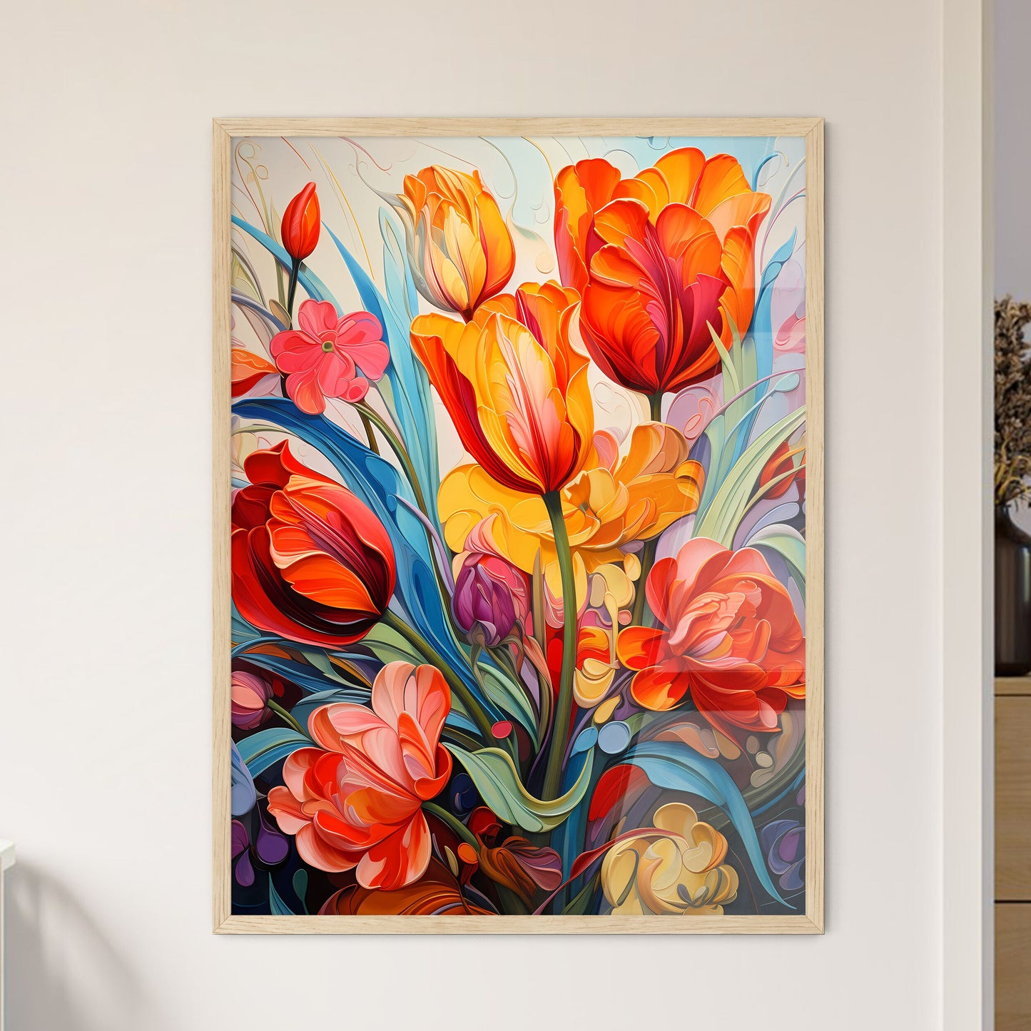 Red Tulips Flowers In The Garden - A Paintin - Framed Art Print