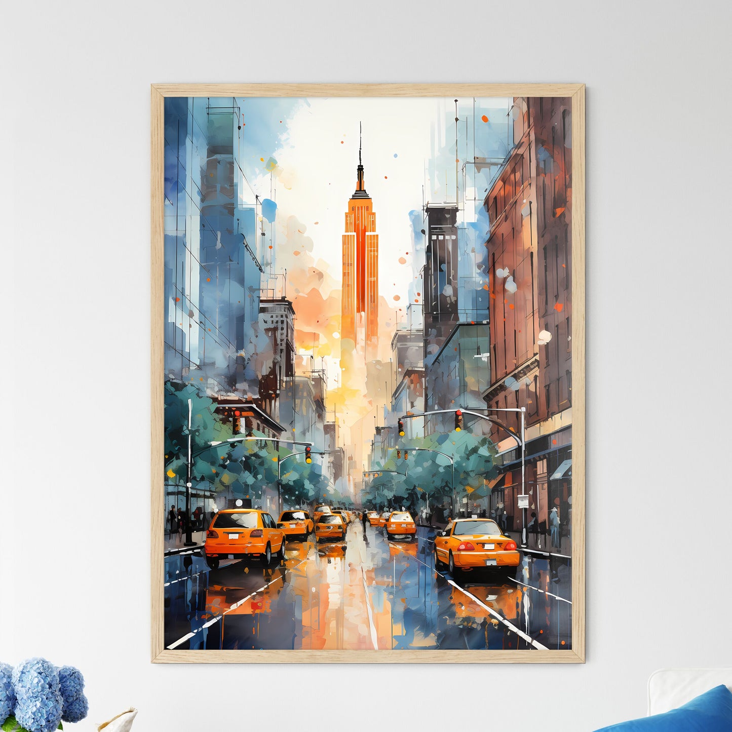 Skyscrapers Of Manhattan New York Usa - A City Street With Cars And Buildings Framed Art