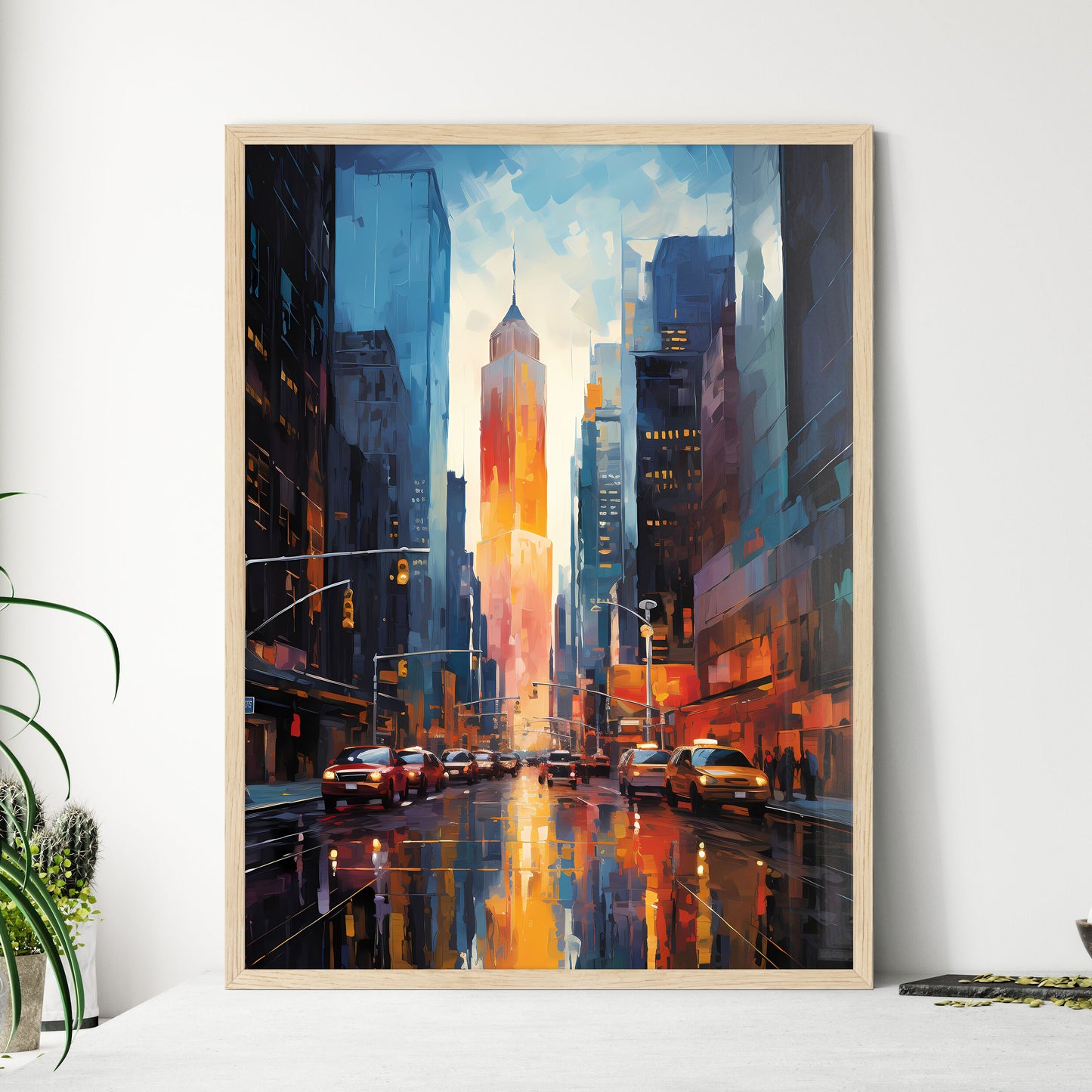 Skyscrapers Of Manhattan New York Usa - Times Square Street With Cars And Buildings Framed Art