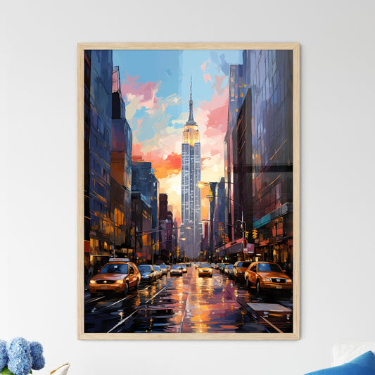 Skyscrapers Of Manhattan New York Usa - A City Street With Cars And A Tall Building Framed Art