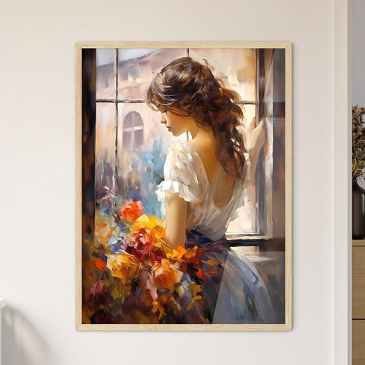 The Beautiful Girl Sitting At A Window - A Woman In A Dress With Flowers By A Window Default Title