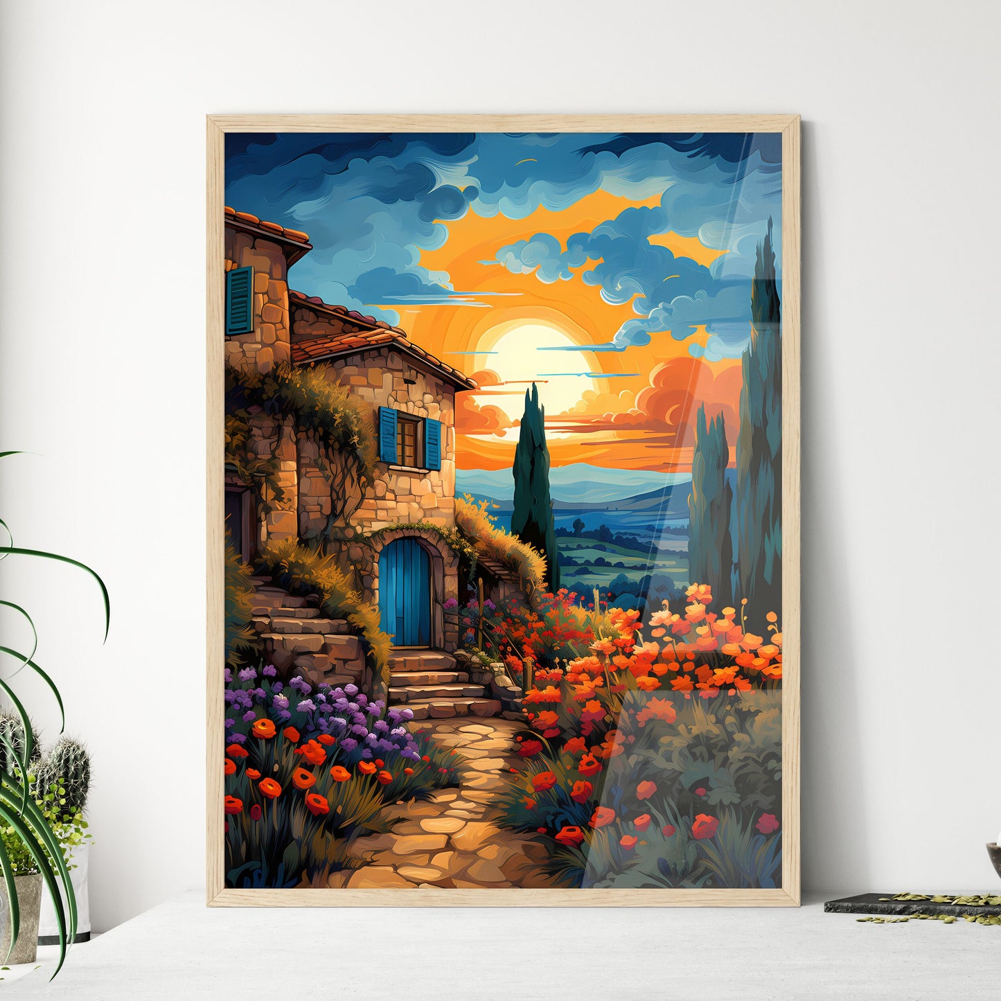 Typical Tuscan Farmhouse - A Painting Of A House With Flowers And Trees Framed Art