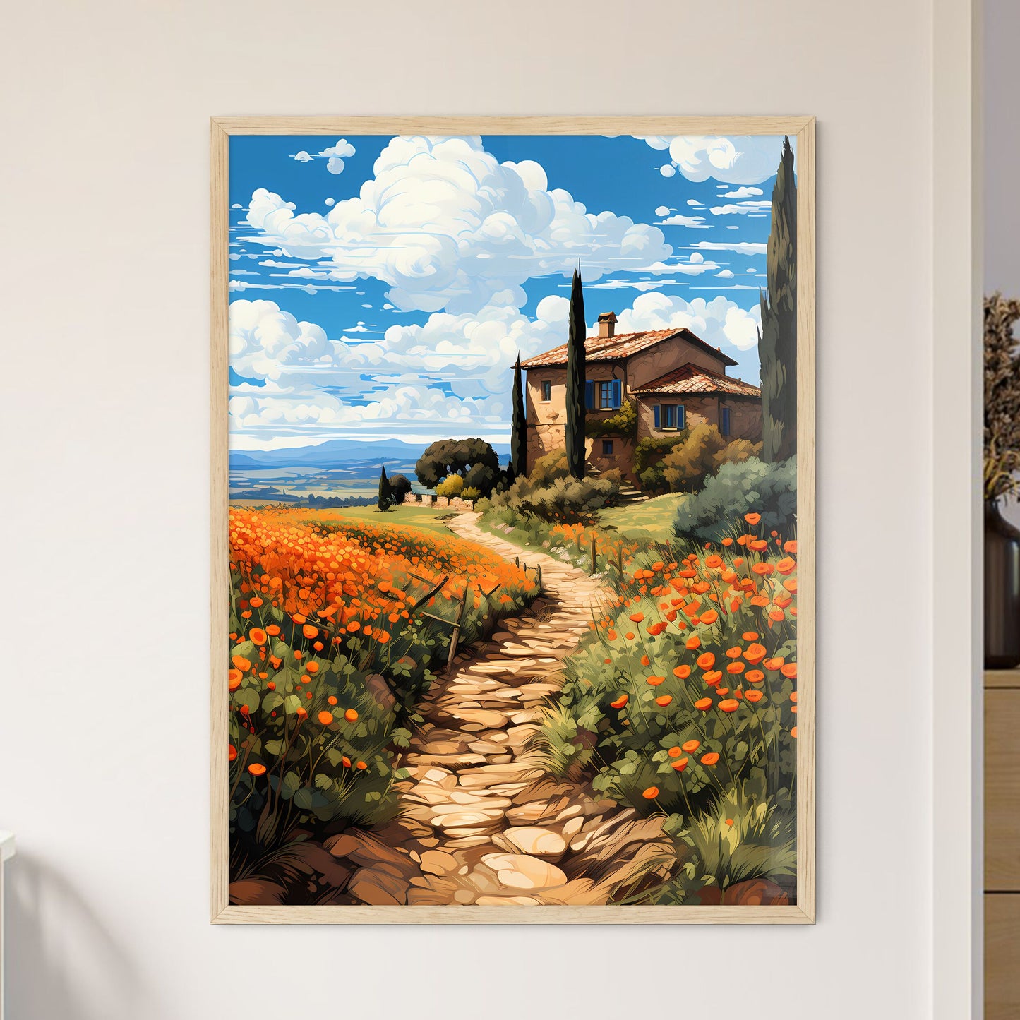 Typical Tuscan Farmhouse - A Stone Path Leading To A House Framed Art
