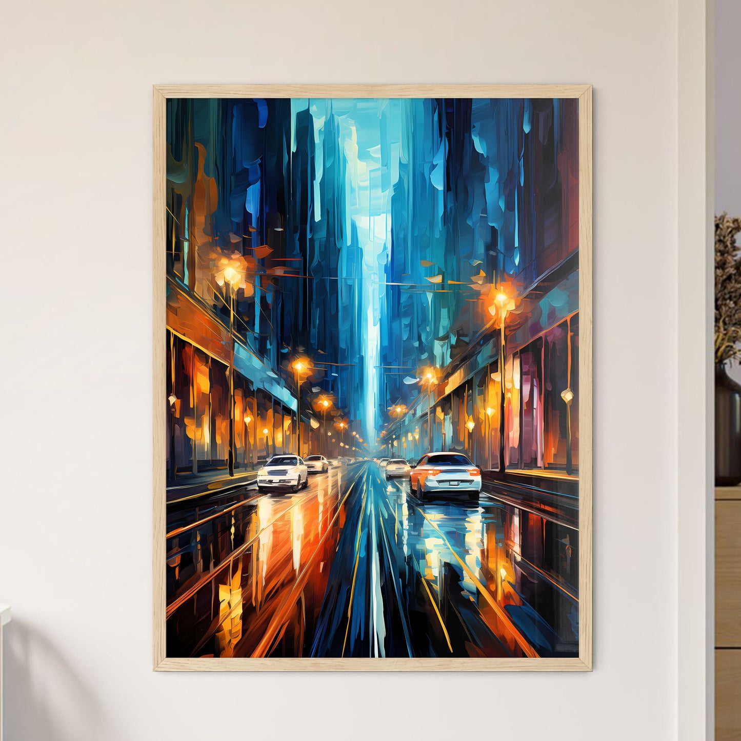 Urban Road Car Light Trails - A Street With Cars And Buildings Framed Art