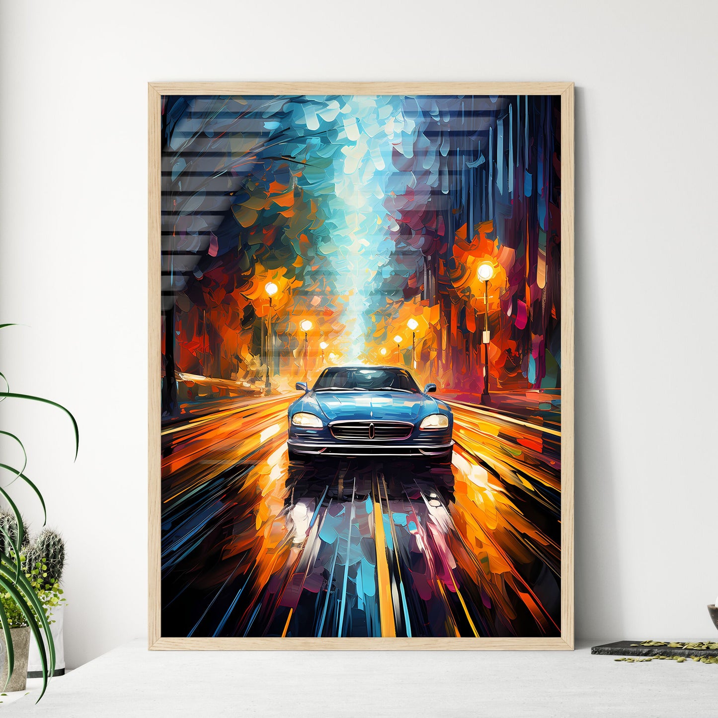 Urban Road Car Light Trails - A Car Driving On A Road With Lights Framed Art