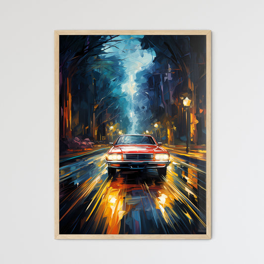 Urban Road Car Light Trails - A Car Driving On A Wet Road Framed Art