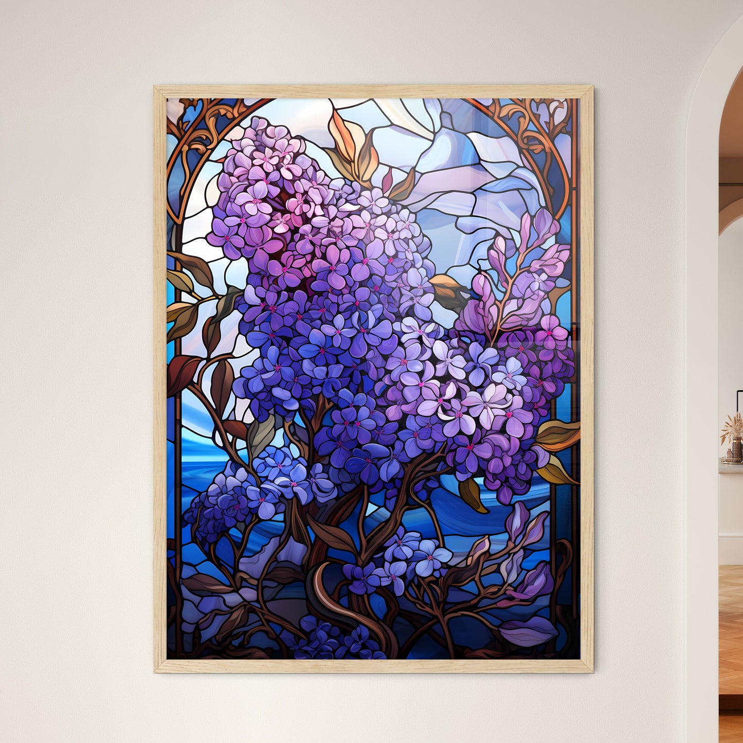 Vibrant Stained Glass Lilac Flower Elegance  - Framed Art Print