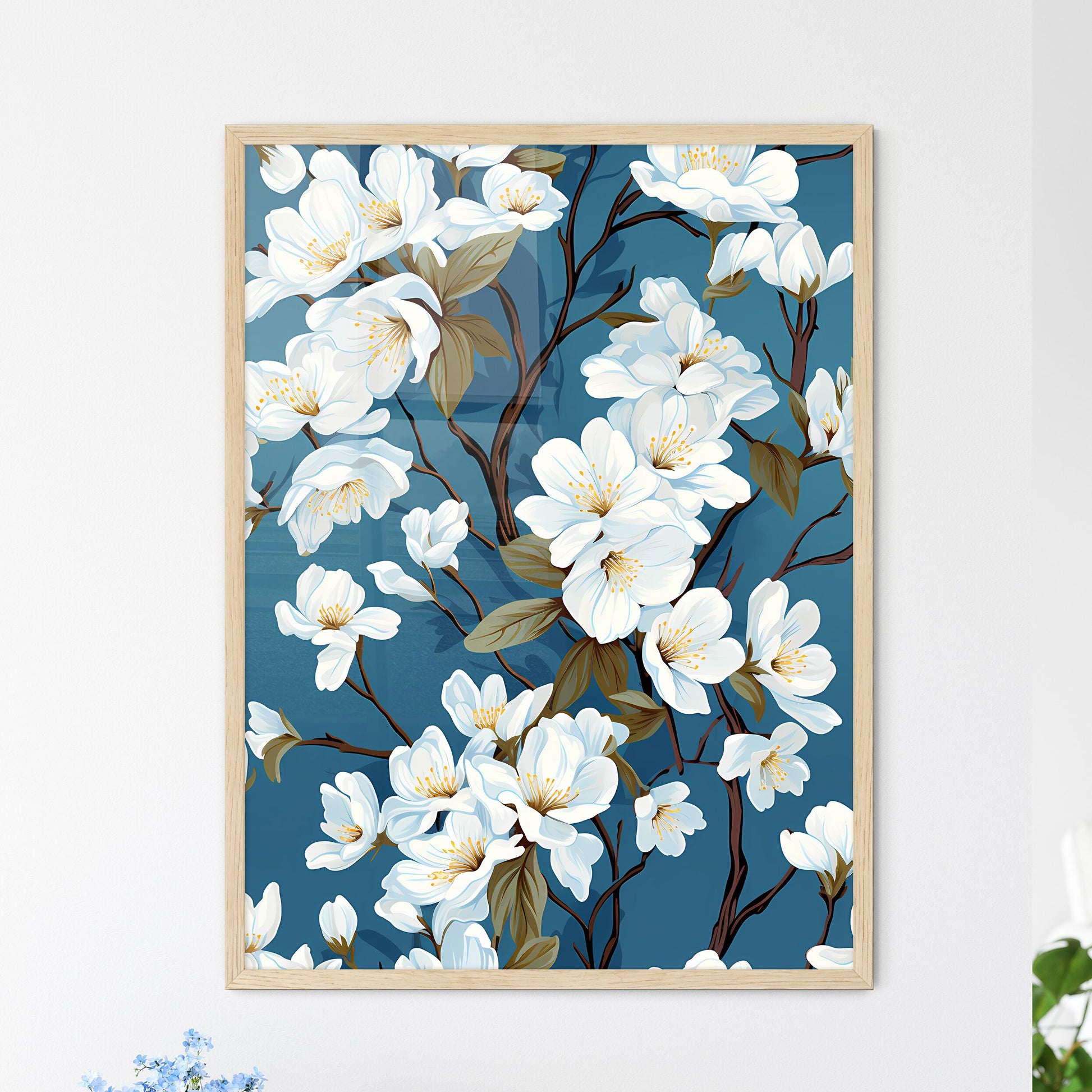 White Flowers On Blue Background - A Close U - Framed Art Print
