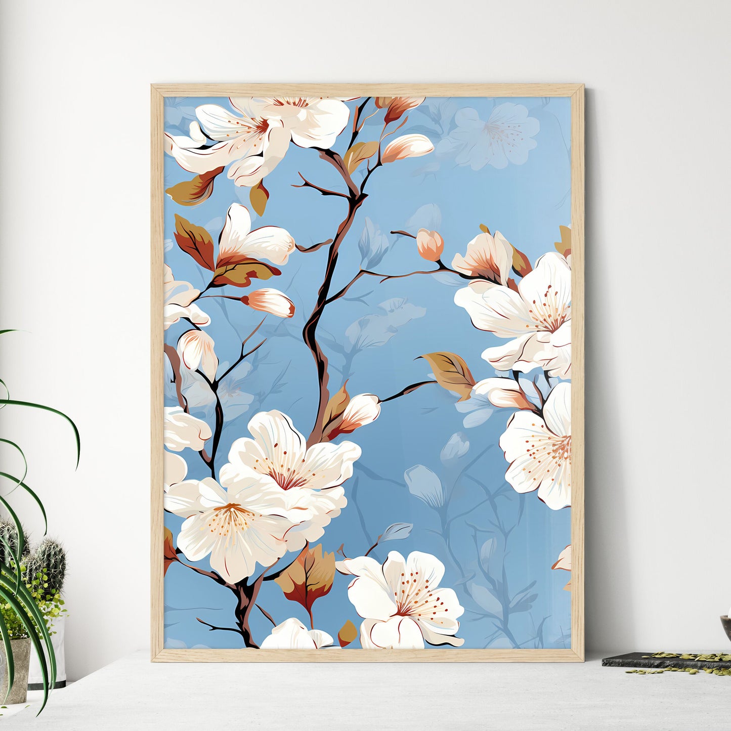 White Flowers On Blue Background - A White F - Framed Art Print