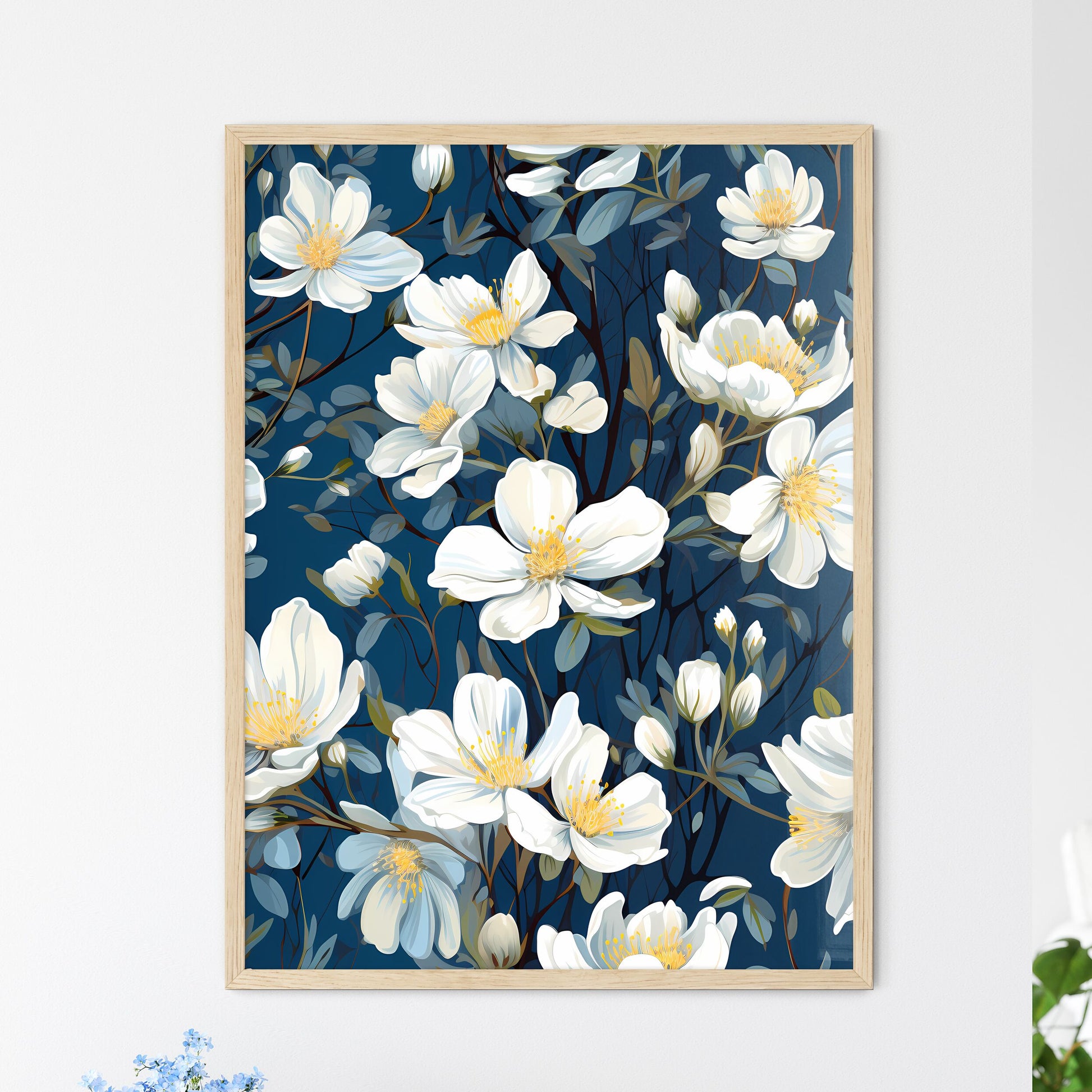 White Flowers On Blue Background - A Close U - Framed Art Print