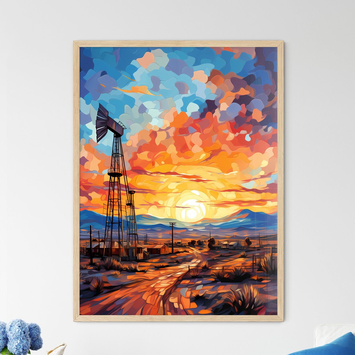 Working Oil Pump In Deserted District At Sun - Framed Art Print