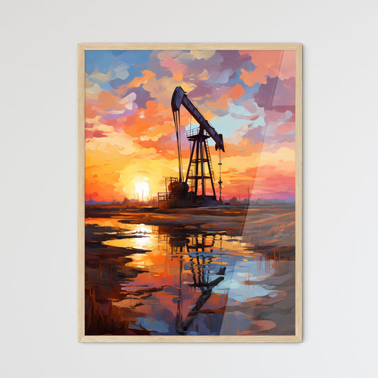Working Oil Pump In Deserted District At Sunset - A Oil Rig In A Field With A Sunset Default Title