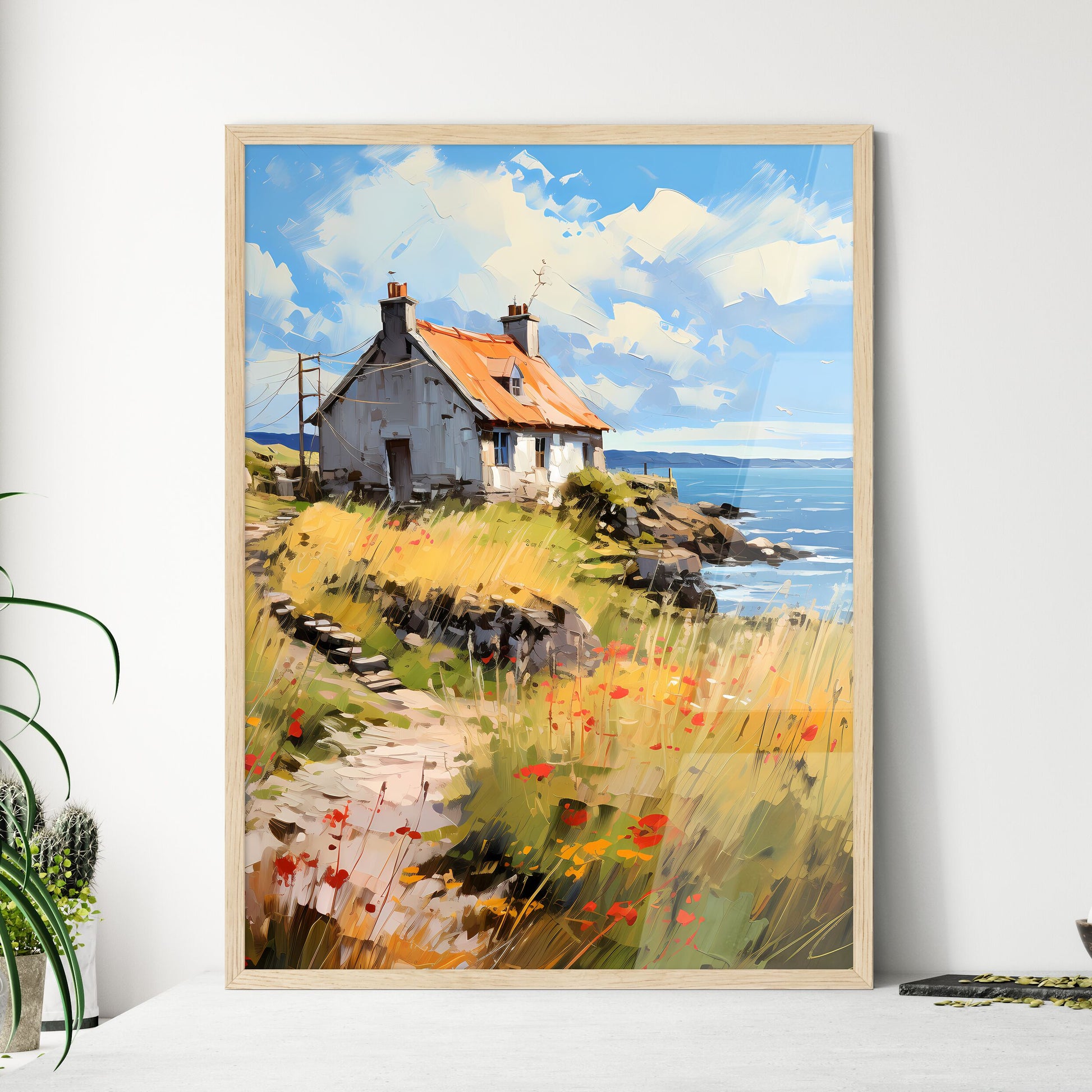 A Thatched - A House On A Hill By The Water Framed Art
