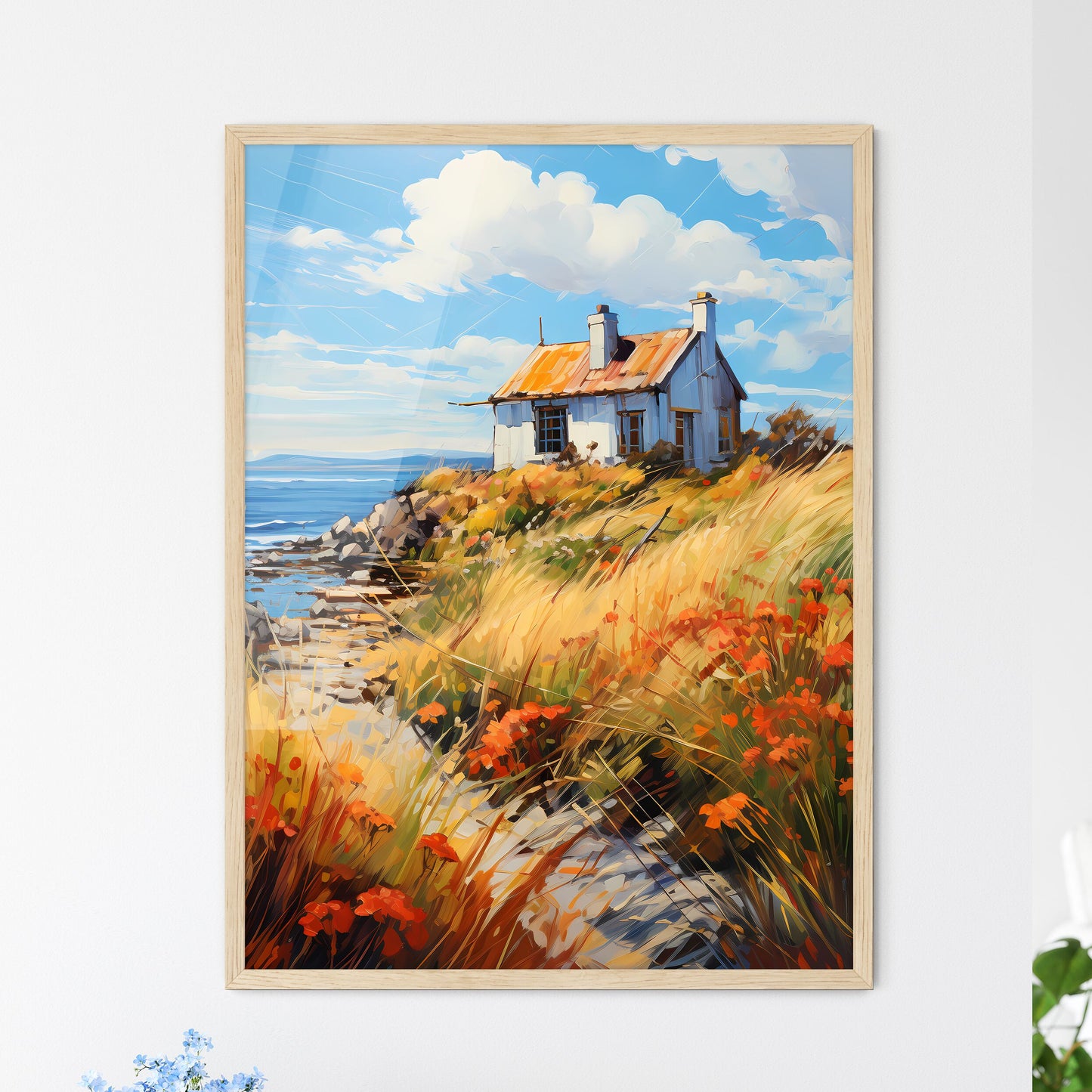 A Thatched - A House On A Hill By The Water Framed Art