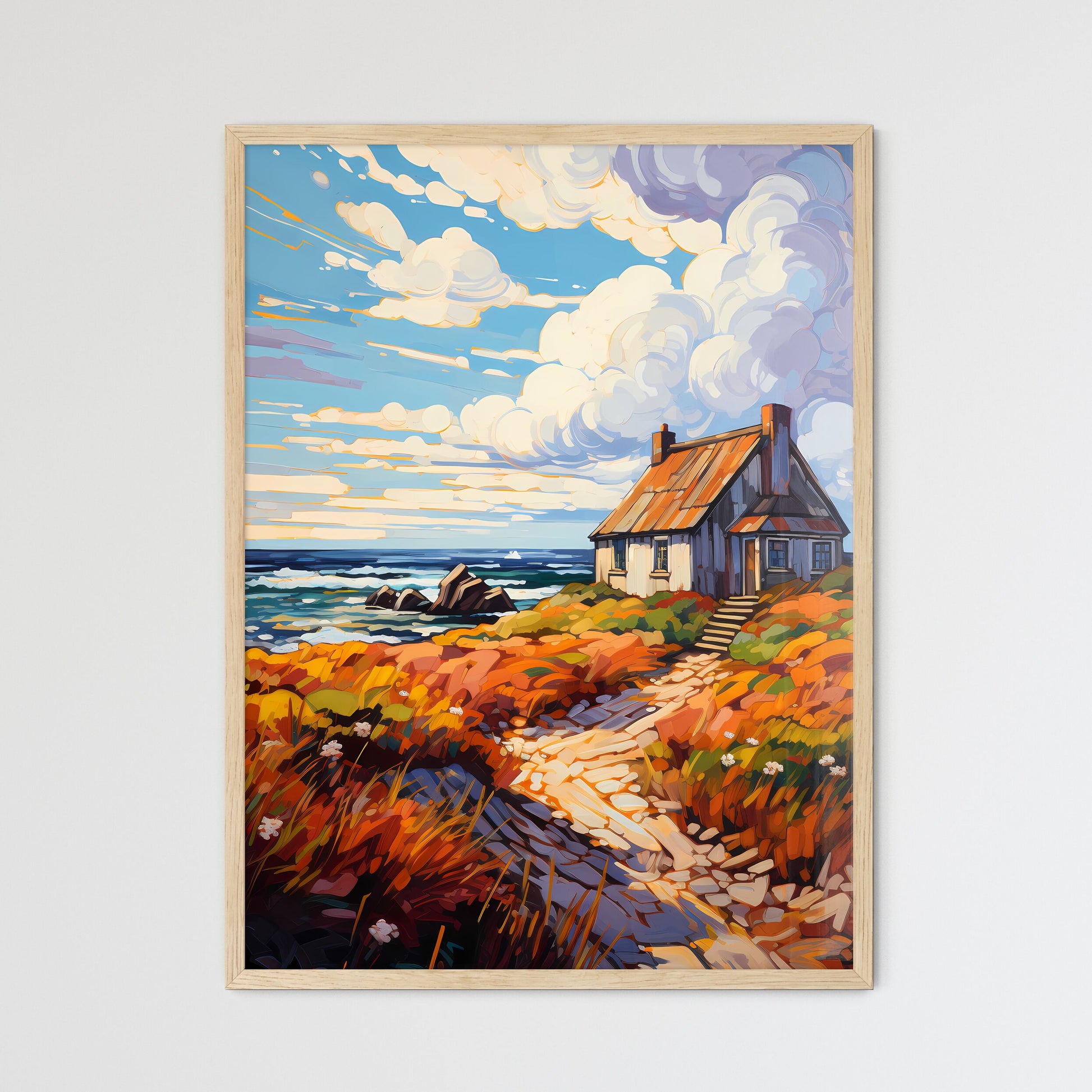 A Thatched - A House On A Hill By The Ocean Framed Art