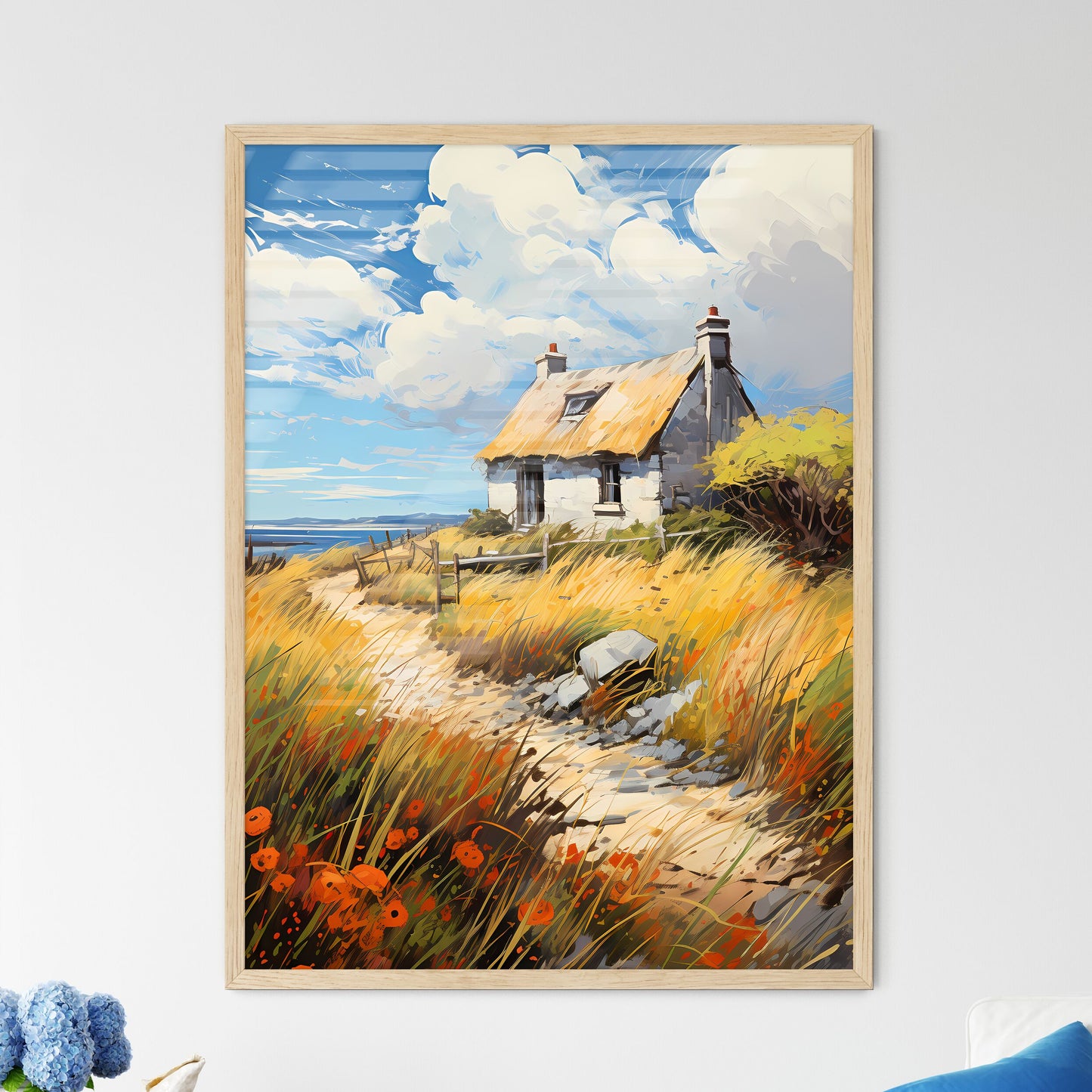 A Thatched - A House On A Hill With Grass And Flowers Framed Art