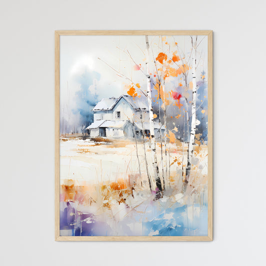 Abstract Rural Landscape With Small - A Painting Of A House In A Snowy Field Framed Art