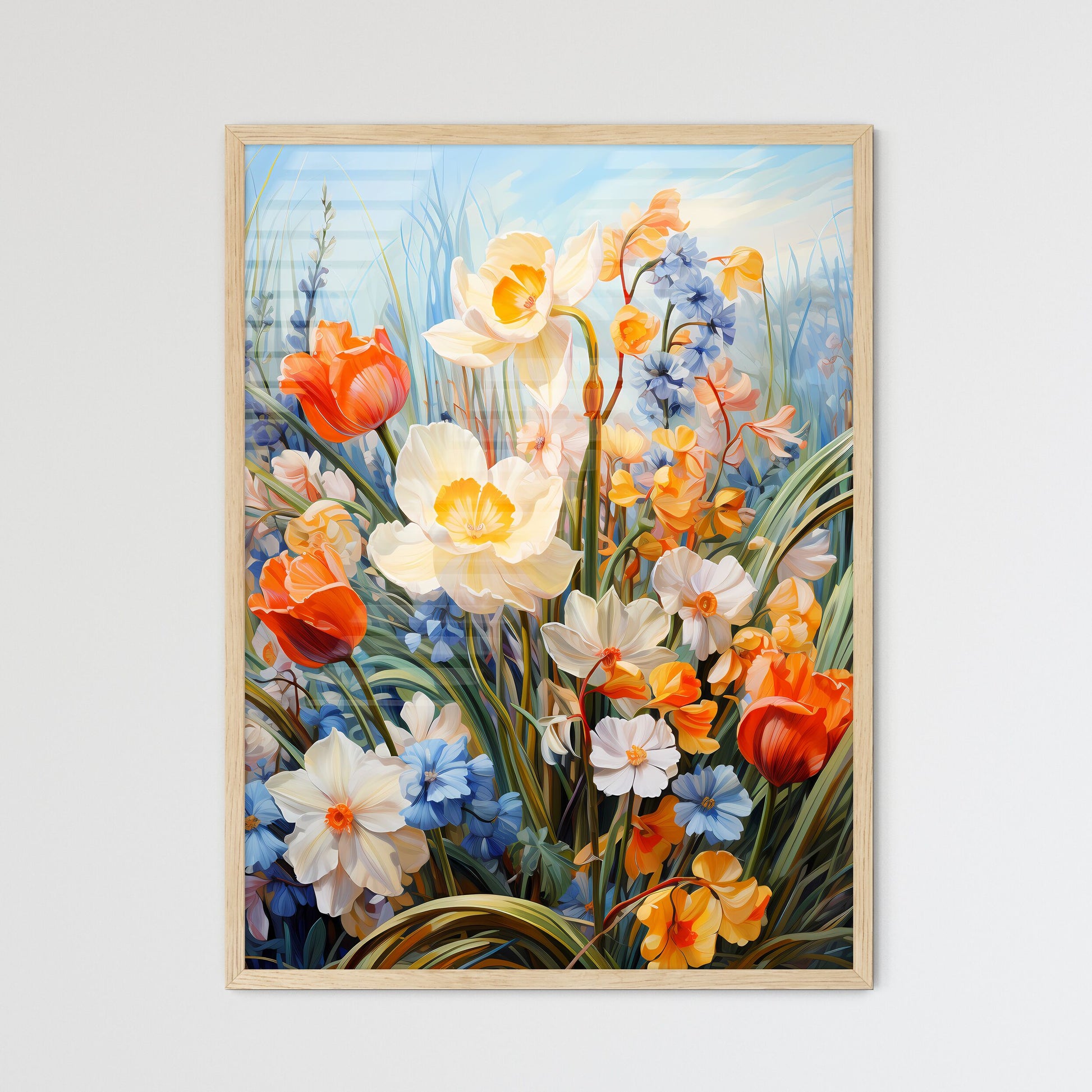 Beautiful Field Of Spring Flowers With Narci - Framed Art Print
