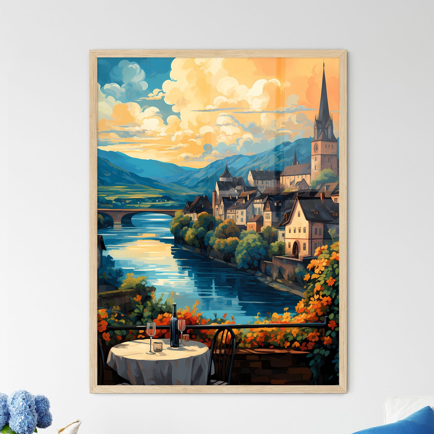 Beautiful Village And Vineyards Along The Mosel River - A Painting Of A Town By A River Framed Art