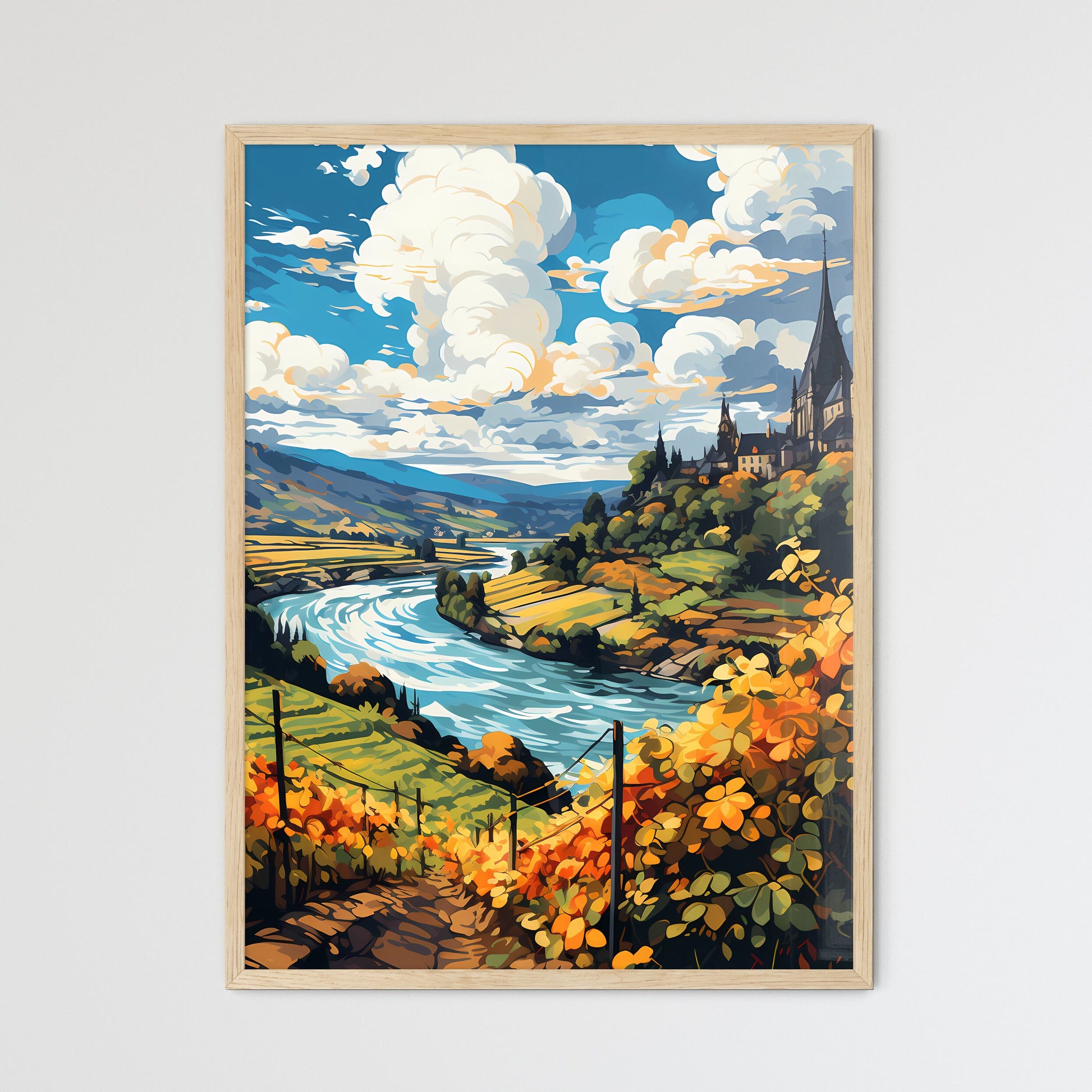 Beautiful Village And Vineyards Along The Mosel River - A River Running Through A Valley With A Castle On The Hill Framed Art