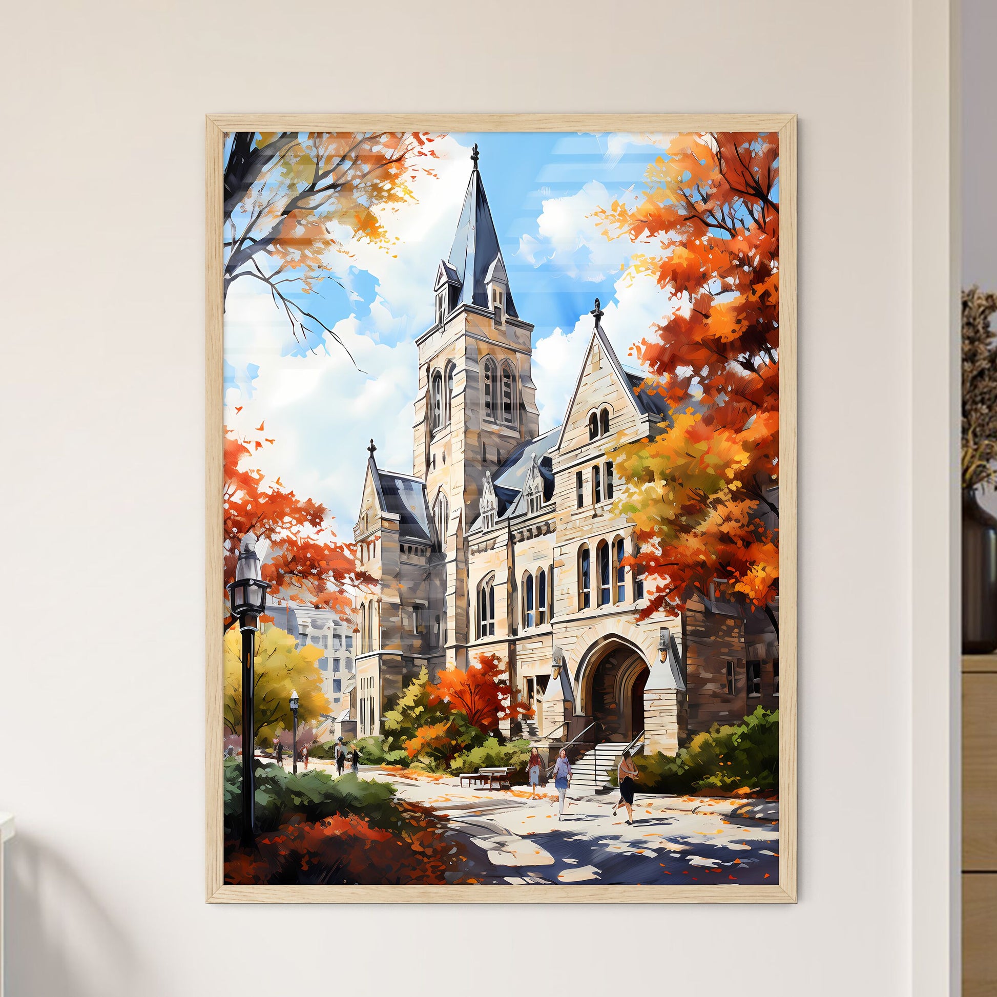 Building At Colgate University Located In - A Building With A Tower And A Walkway With Trees And People Walking Framed Art