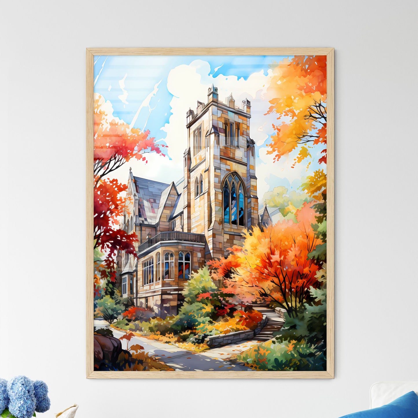 Building At Colgate University Located In - A Painting Of A Building With Trees And A Path Framed Art