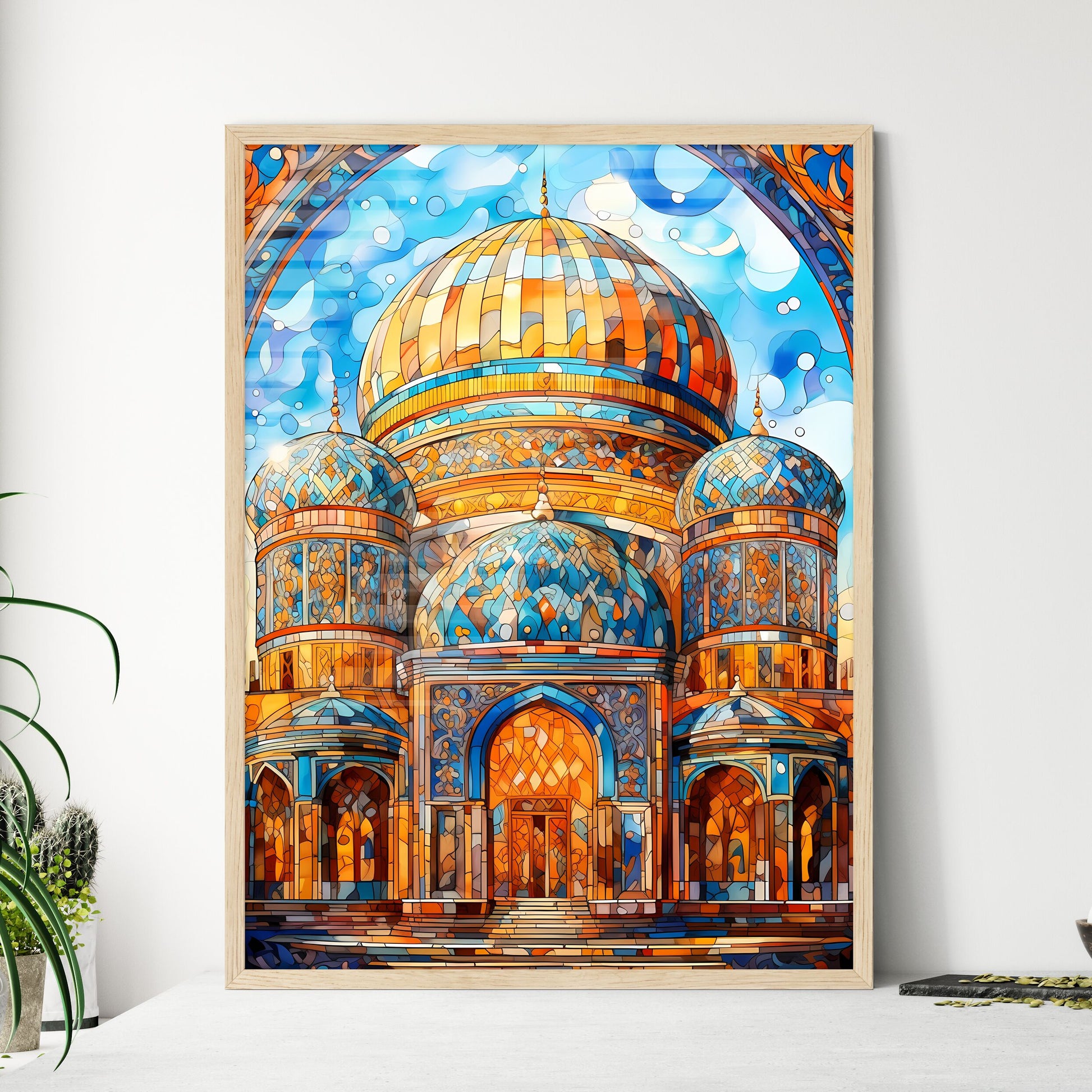 Dome Of The Mosque Oriental Ornaments From Samarkand - A Stained Glass Window With A Dome And Blue Sky Framed Art
