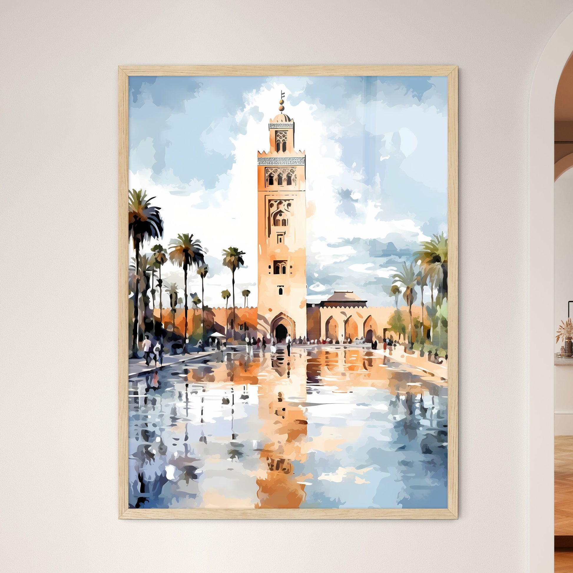 Famous Koutoubia Mosque In The City Of Marrakech - A Water Reflection Of A Building With A Tower And Palm Trees Framed Art