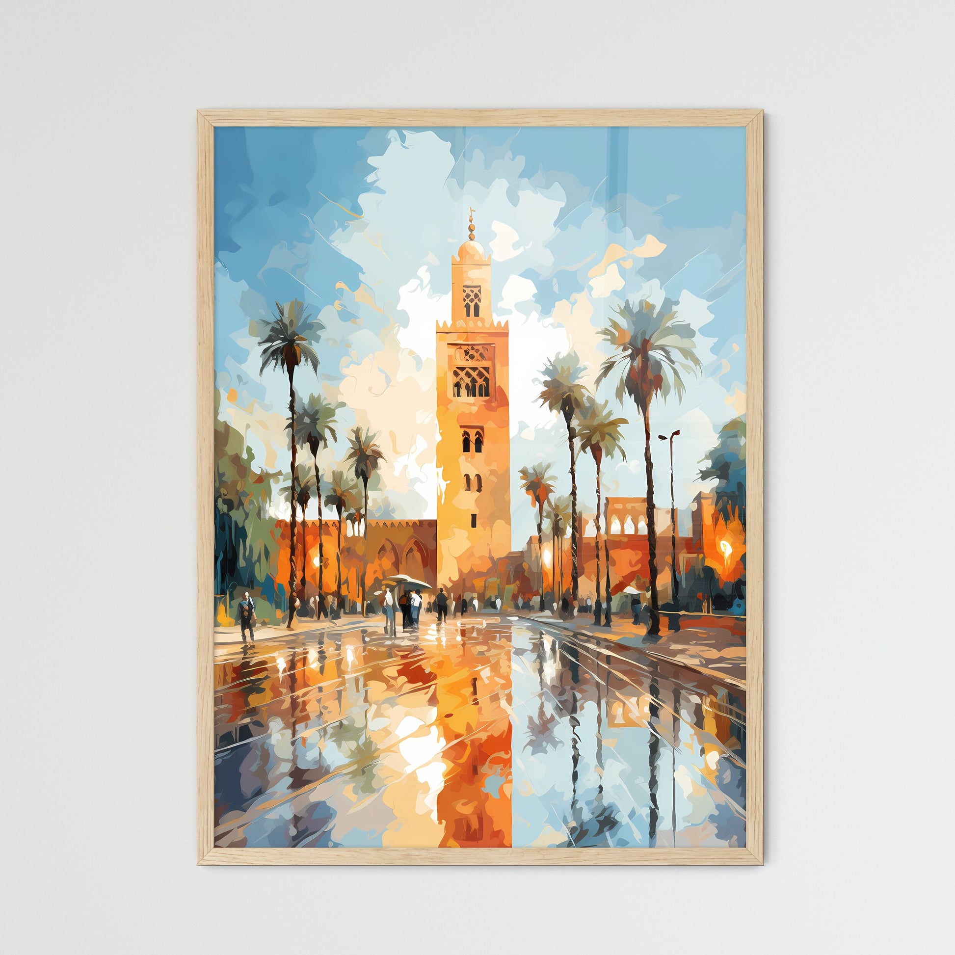 Famous Koutoubia Mosque In The City Of Marrakech - A Large Building With Palm Trees And A Tower Framed Art