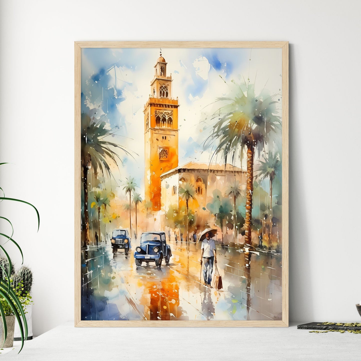Famous Koutoubia Mosque In The City Of Marrakech - A Watercolor Painting Of A Street With Palm Trees And A Clock Tower Framed Art
