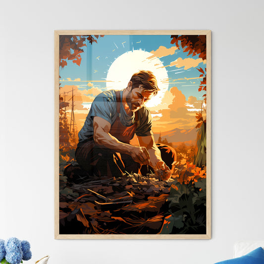 Farmer Sowing Seeds With Sunburst Done In Re - Framed Art Print
