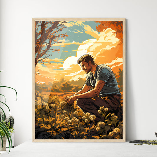 Farmer Sowing Seeds With Sunburst Done In Re - Framed Art Print