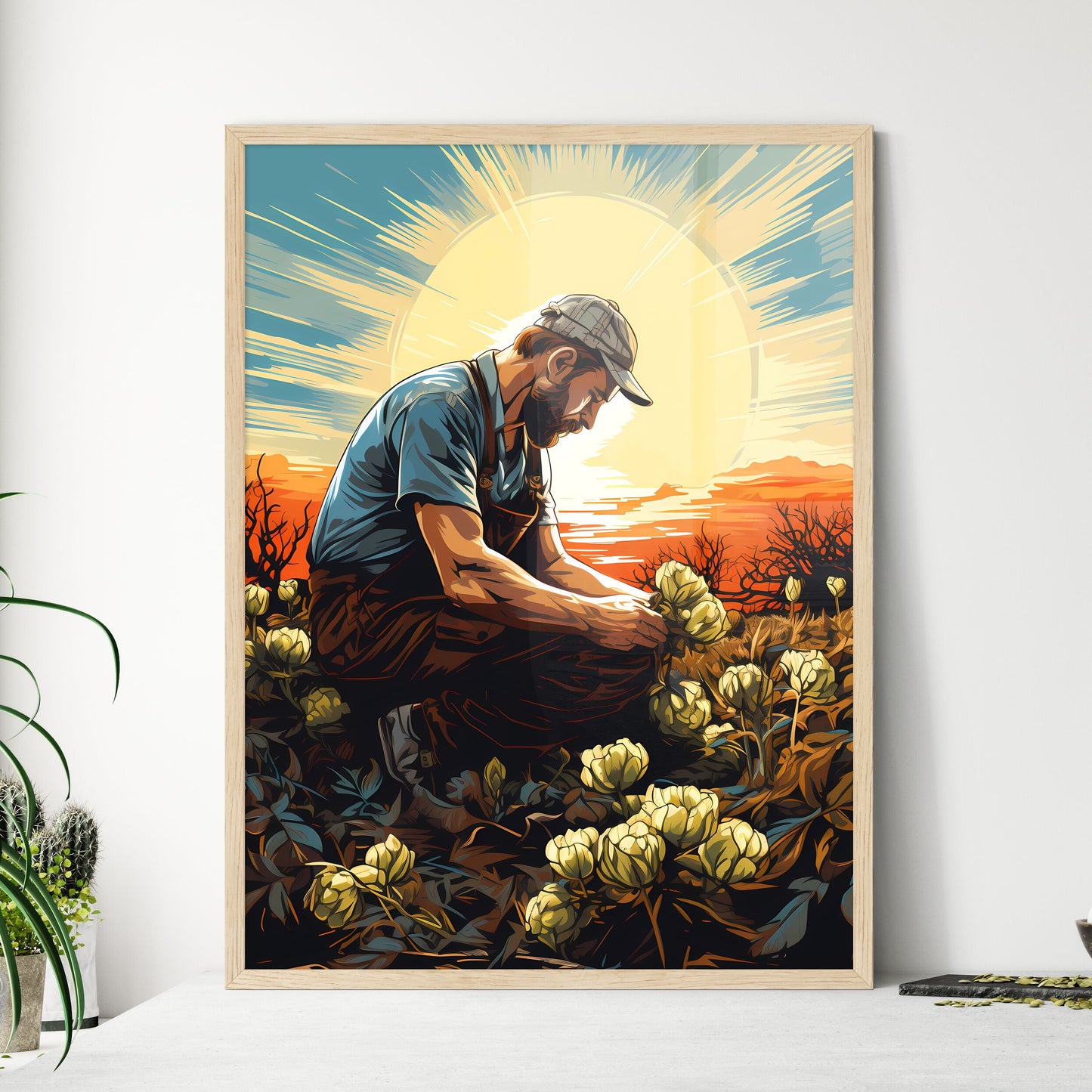 Farmer Sowing Seeds With Sunburst Done In Re - Framed Art Print