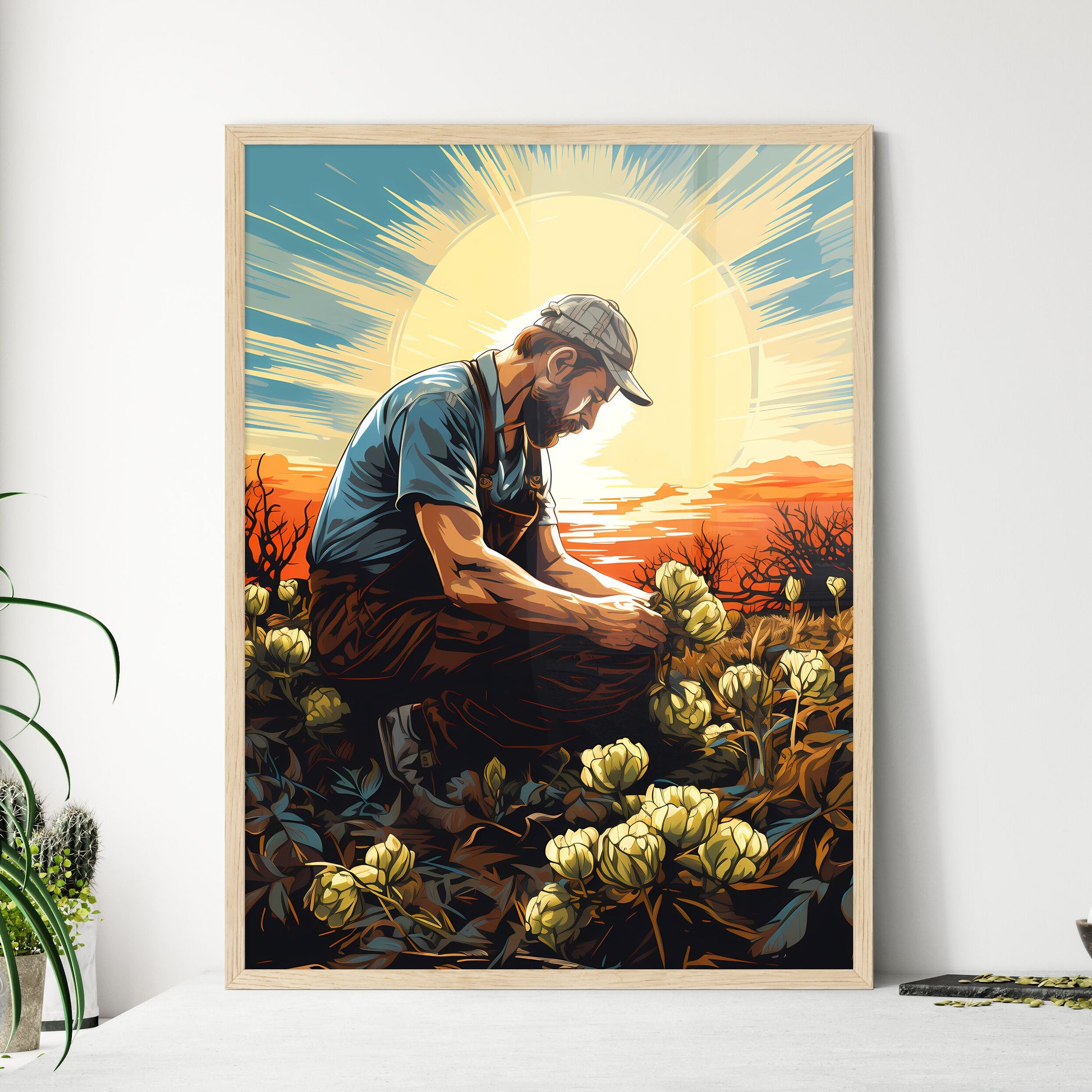 Farmer Sowing Seeds With Sunburst Done In Re - Framed Art Print